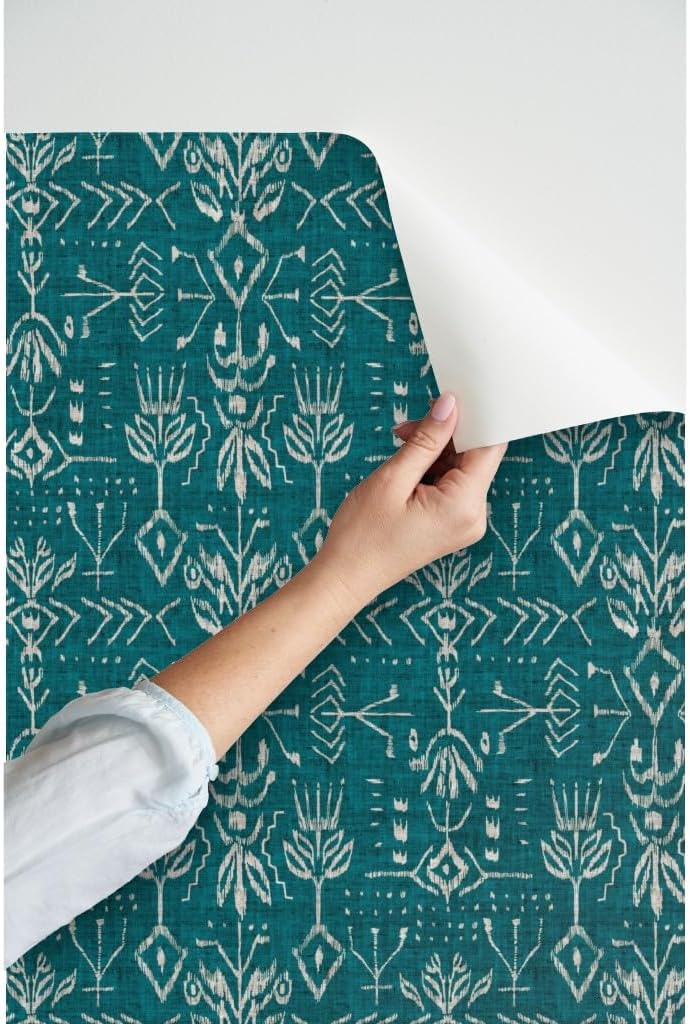 Peel & Stick Wallpaper 3ft x 2ft - Ikat Teal Green Geometric Aqua Geo Tribal Mud Cloth Custom Removable Wallpaper by Spoonflower