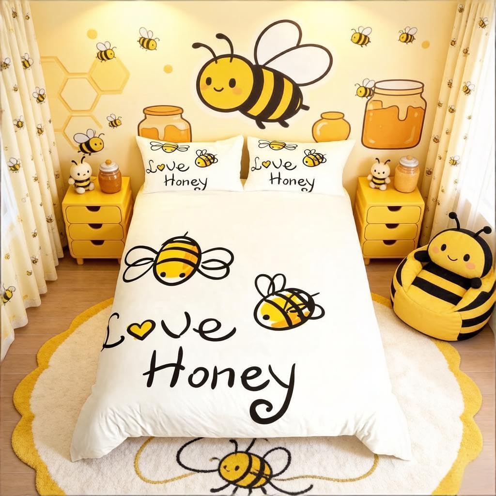 Loussiesd Love Honey Bedding Set Double Cute Bees Duvet Cover Beehive for Children Kids Boys Girls Comforter Cover Honeycomb Bright Vibrant Microfiber Bedspread Cover Bedclothes White Yellow — image 1