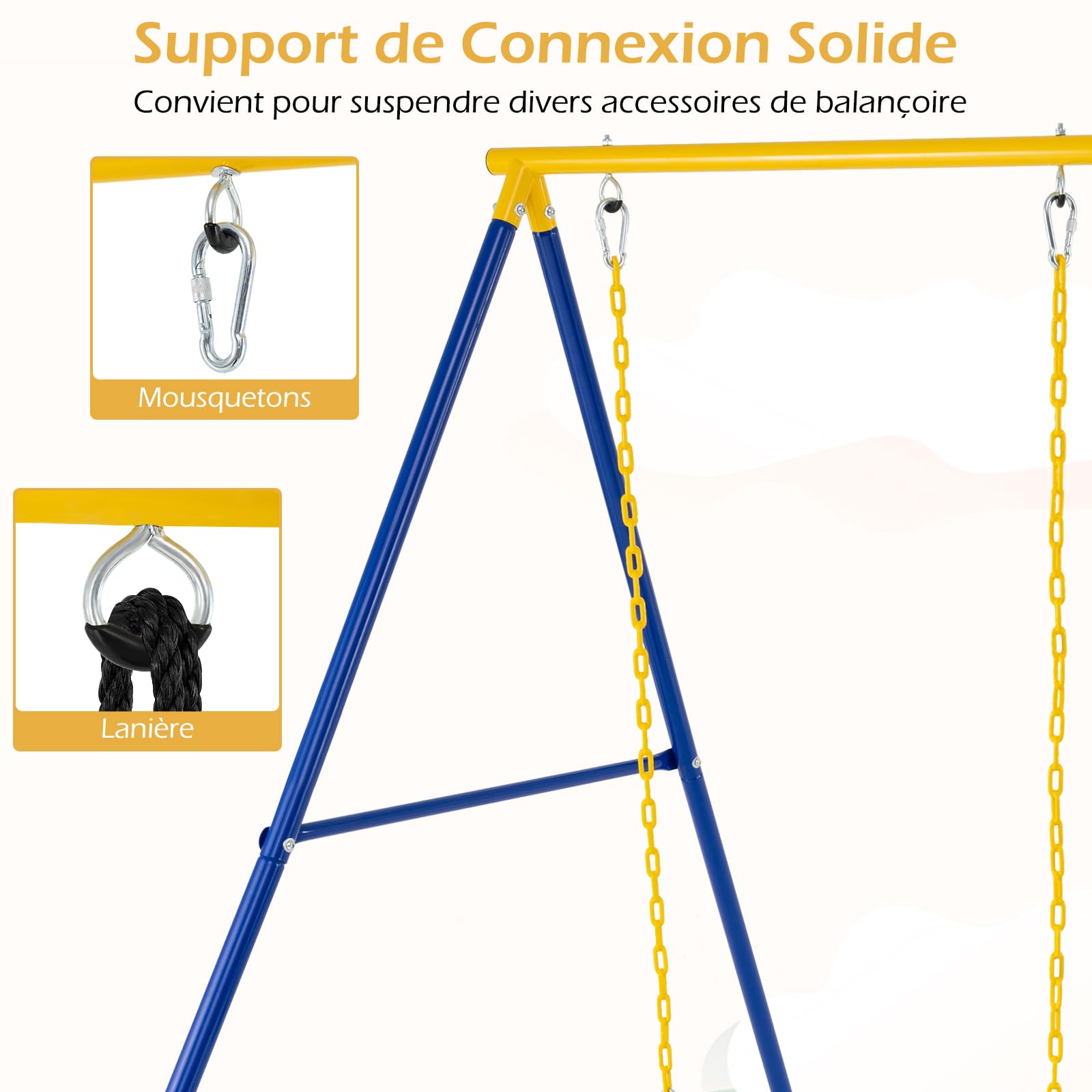 RELAX4LIFE Portique Balançoire Extérieur en Métal, Cadre de Balançoire Enfant en Forme A avec 4 Piquets de Terre, 4 Mousqueton, Deux sur la Balançoire Charge 300 KG pour Enfants 3 Ans+ (Jaune+Bleu)