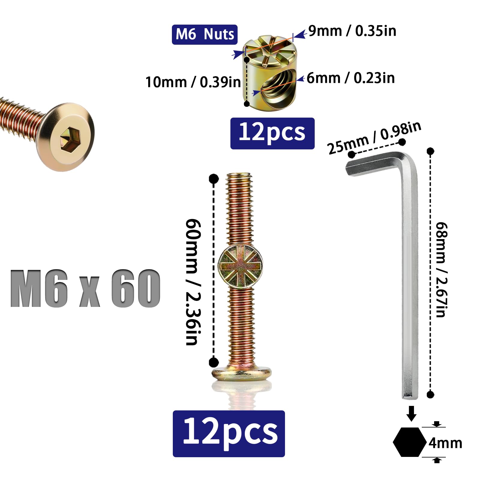 SWTYExt 12pcs Furniture Screws M6x60 mm include Bed Bolts 60 mm Barrel Nuts M6 with Hex Key Furniture Bolts Zinc Plated Screws Hex Socket Head for Beds Cots Chairs - Image 2