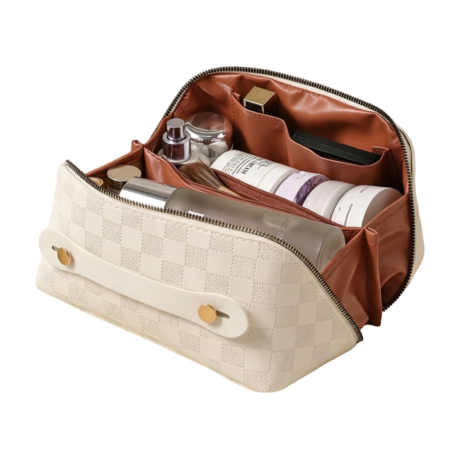 Geräumige Kosmetiktasche, Beauty Case, Strapazierfähiges Leder, Große Öffnung für Einfachen Zugriff, Leicht zu Reinigen, Geräumiger Stauraum für Große Gegenstände(White)
