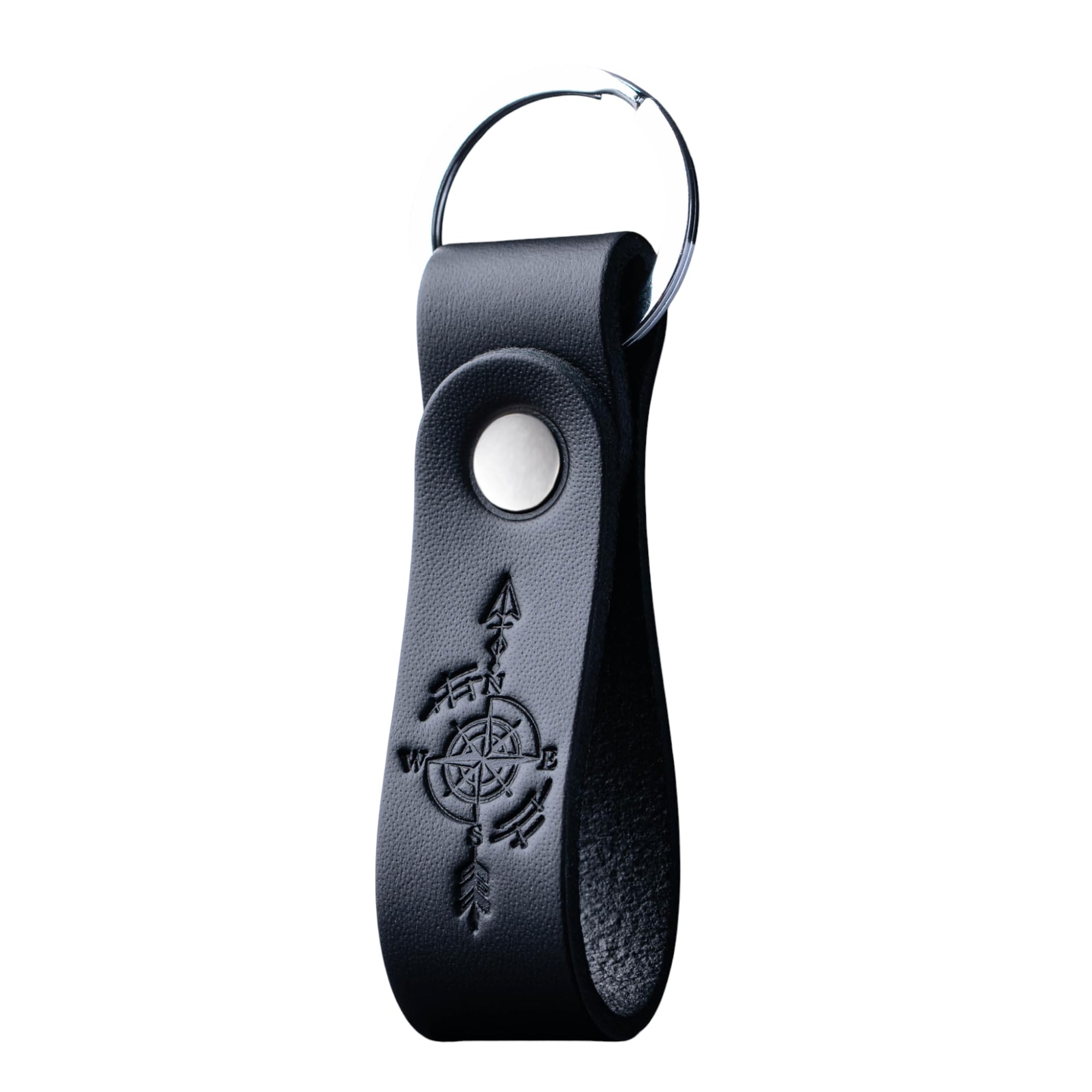 MAGOR Leather Full-Grain Keyring for Men & Women, Personalised Black Keychain for Car or Home Keys, Elegant Key Ring with Hot-Embossed Design, Premium Gift for Him Her Dad Husband (Compass)
