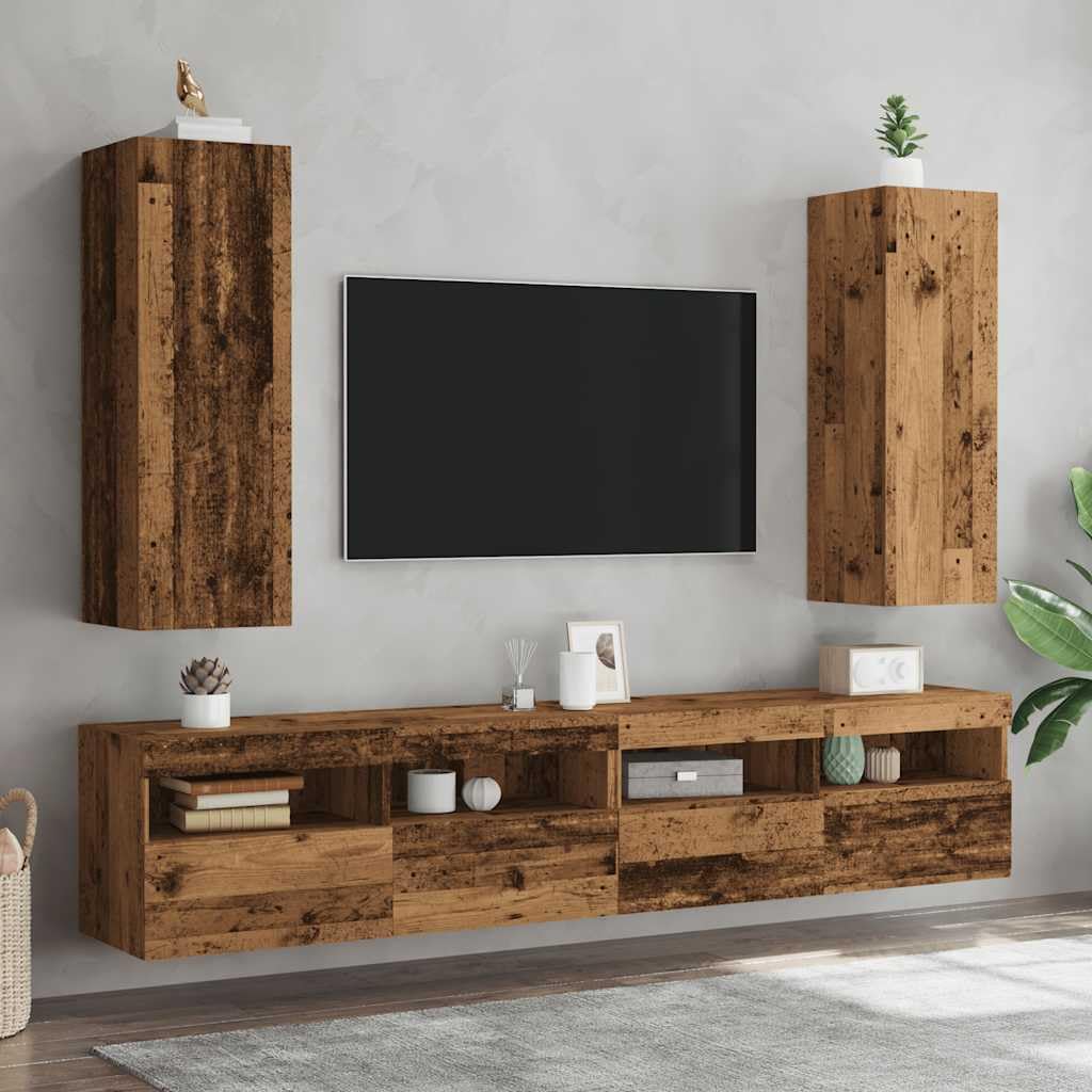 Set of 2 Floating TV Cabinets Reclaimed Wood Look | Engineered wood units measuring 12 x 11.8 x 35.4 inches offer space-saving wall storage for living room media centers.