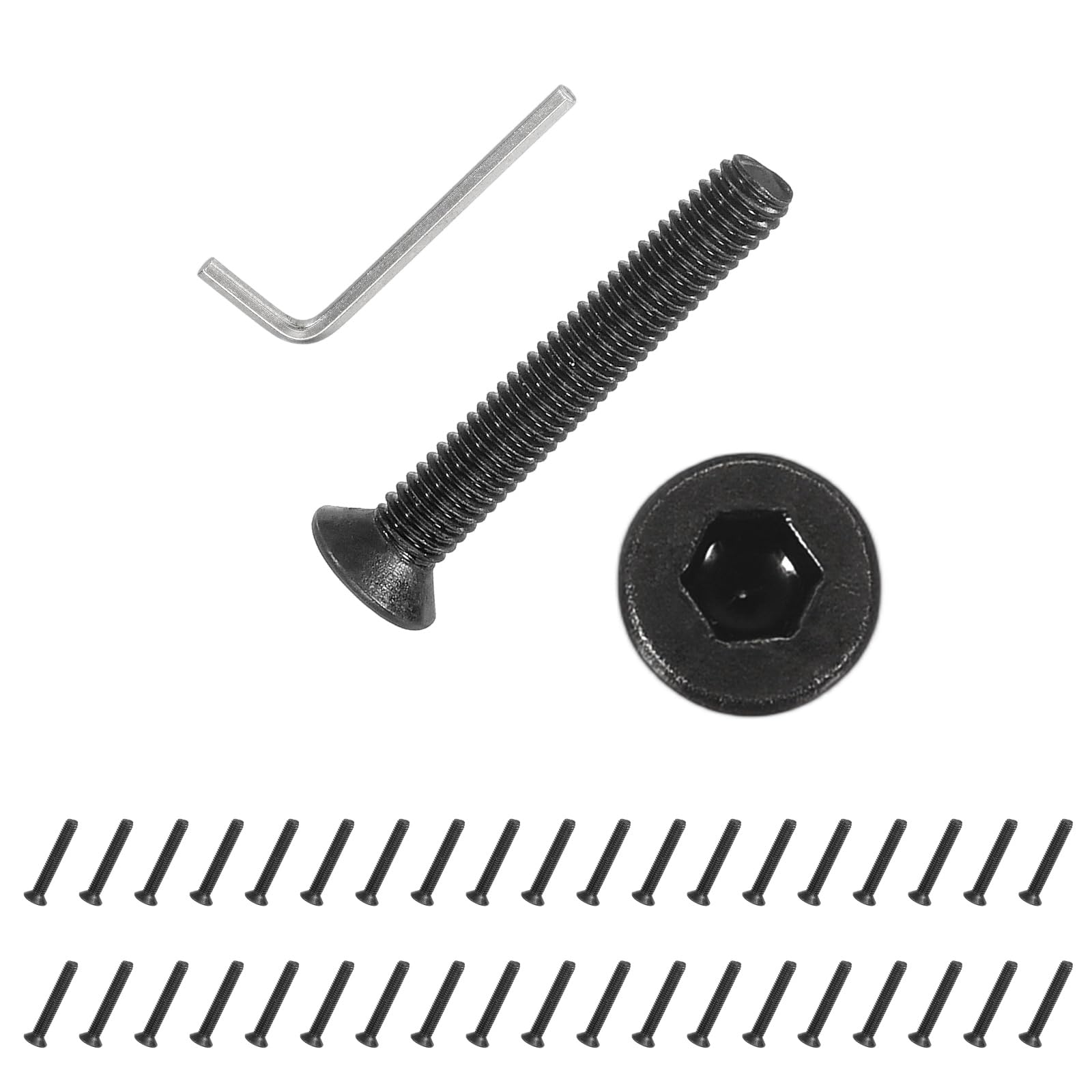 PATIKIL M3x20 mm Flat Head Socket Cap Screws, 100 Pcs Carbon Steel Flat Countersunk Bolts Hex Socket Drive Machine Screws Full Thread Grade 10.9 with Hex Spanner, Black — image 1