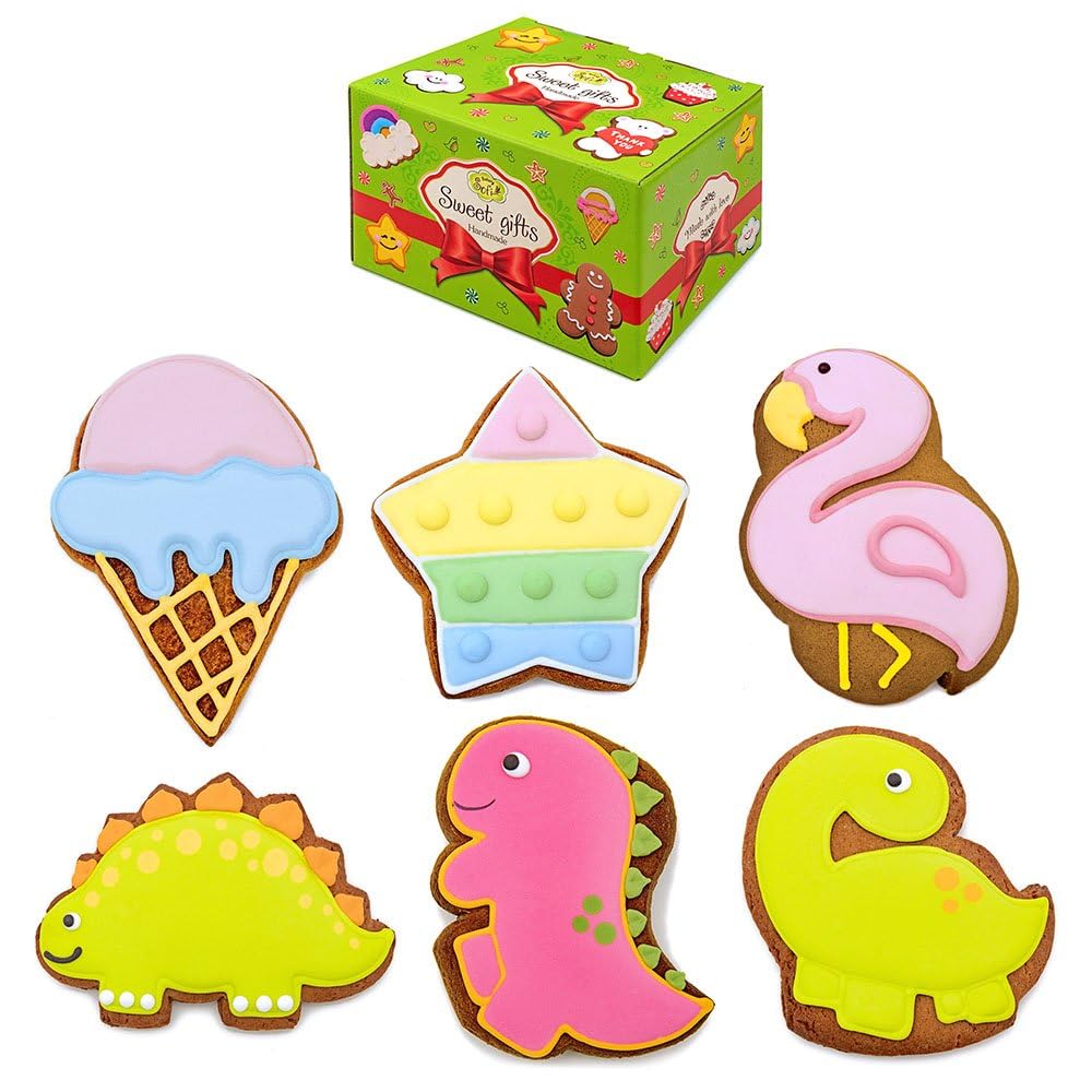 SOFI BakeryGourmet Cookies - Gingerbread with Sugar Icing - Handmade & Decorated Cookie Gingerbread Assortment - Natural Colorants - Individually Wrapped Cookies - Box of 6… (Dinosaur, Honey)