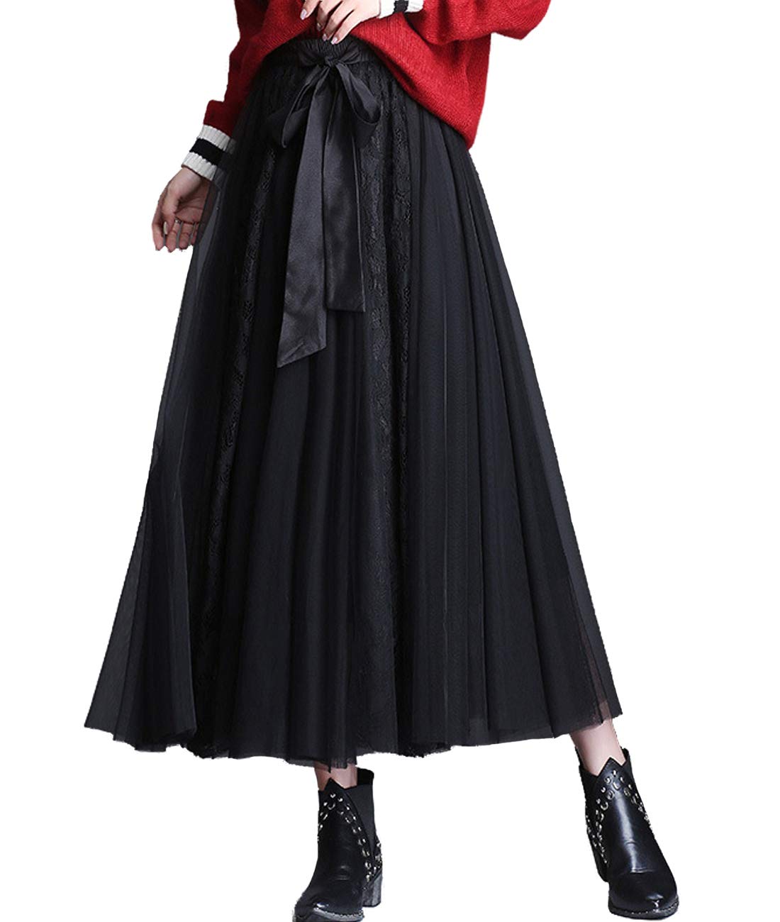 Femirah Women's Long Rainbow A Line Tulle Tutu Skirts Tiered Skirt Petticoat - Black - One Size
