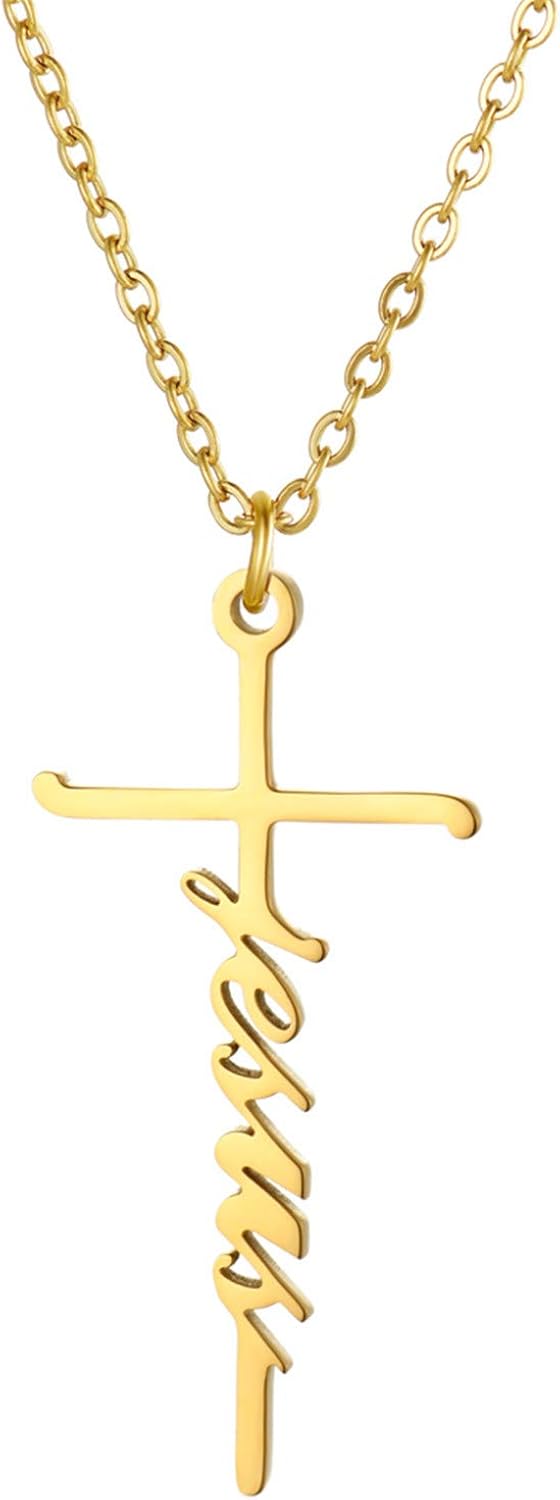 JewelryWe Faith Cross Necklace,Silver/Gold Tone Personalised Love Hope Believe Pendant Necklace Christian Religious Inspirational Jewelry for Women Girls