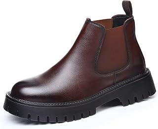 Men's Genuine Leather Slip On Chunky Platform Chelsea Boots Luxury Round Toe lug sole Work Dress boots Casual Non Slip Ankle Boots