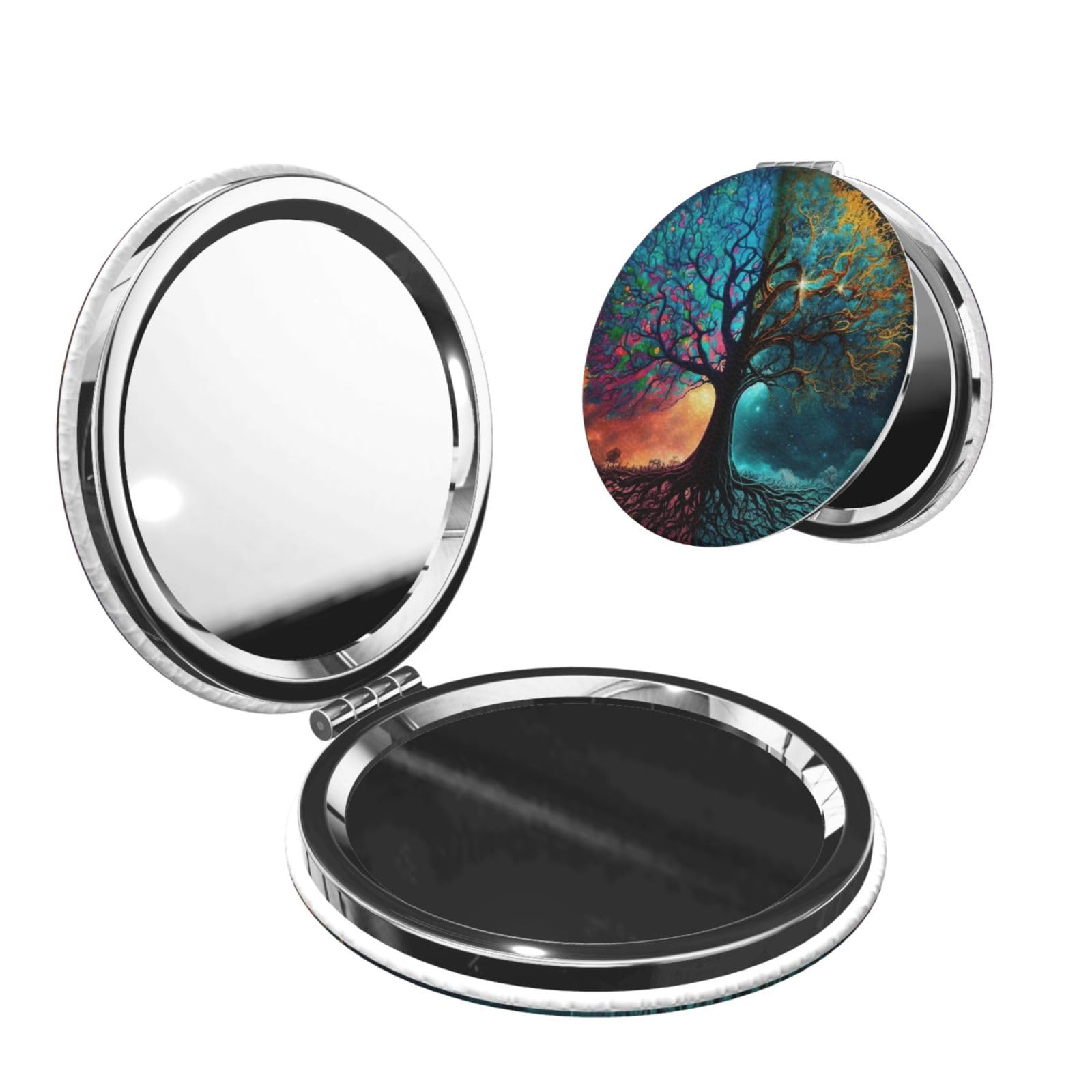 keluki Magic Fantasy Tree Art Print Foldable Travel Pocket Mirror Round PU Leather Portable Mini Makeup Double Sided Handheld Magnifying,2.6 in
