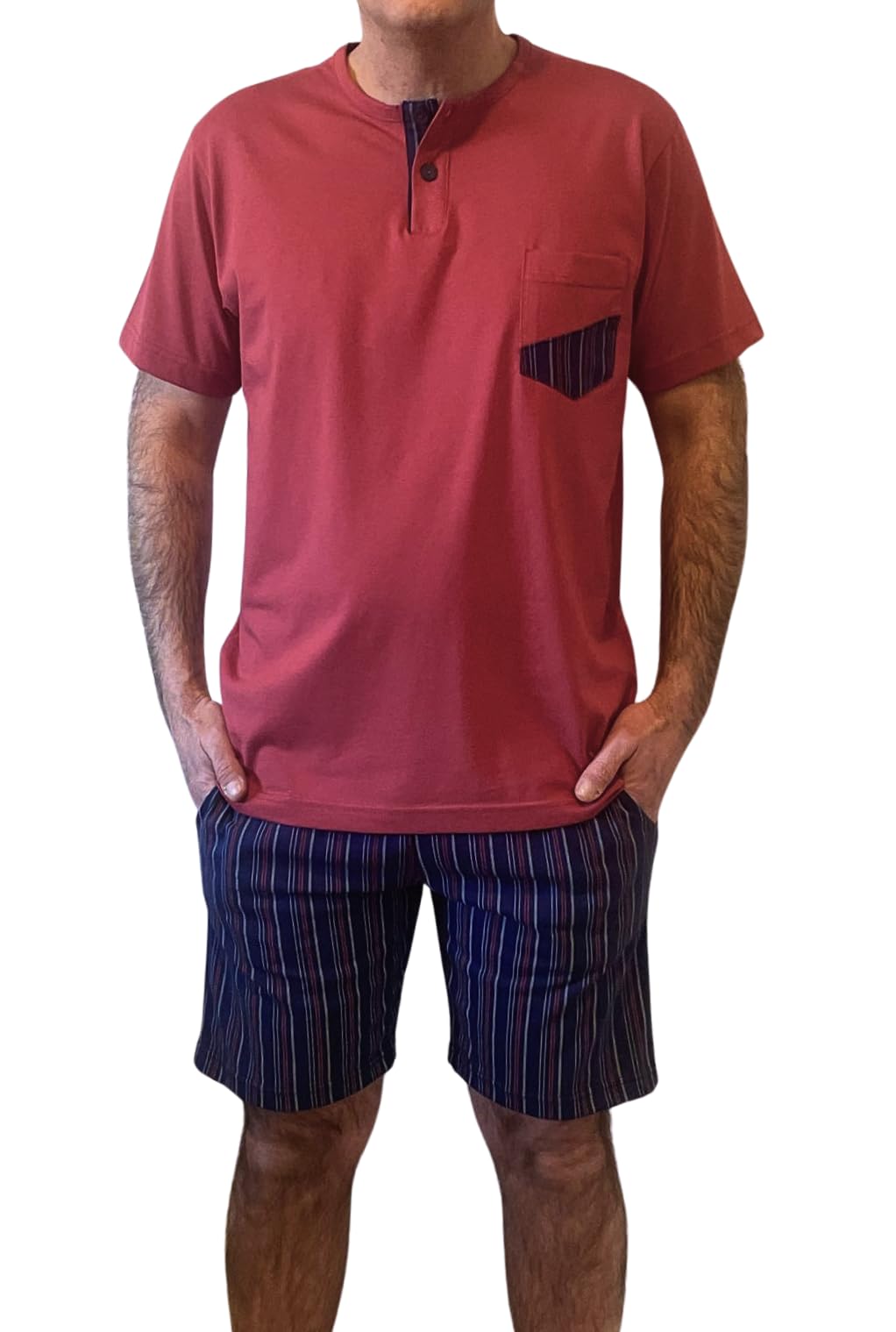 Pigiama Uomo Estivo Leggero Manica Corta Pantalone Corta 100% Cotone Modello Serafino e Pantaloni con Tasche 100% Made in Italy