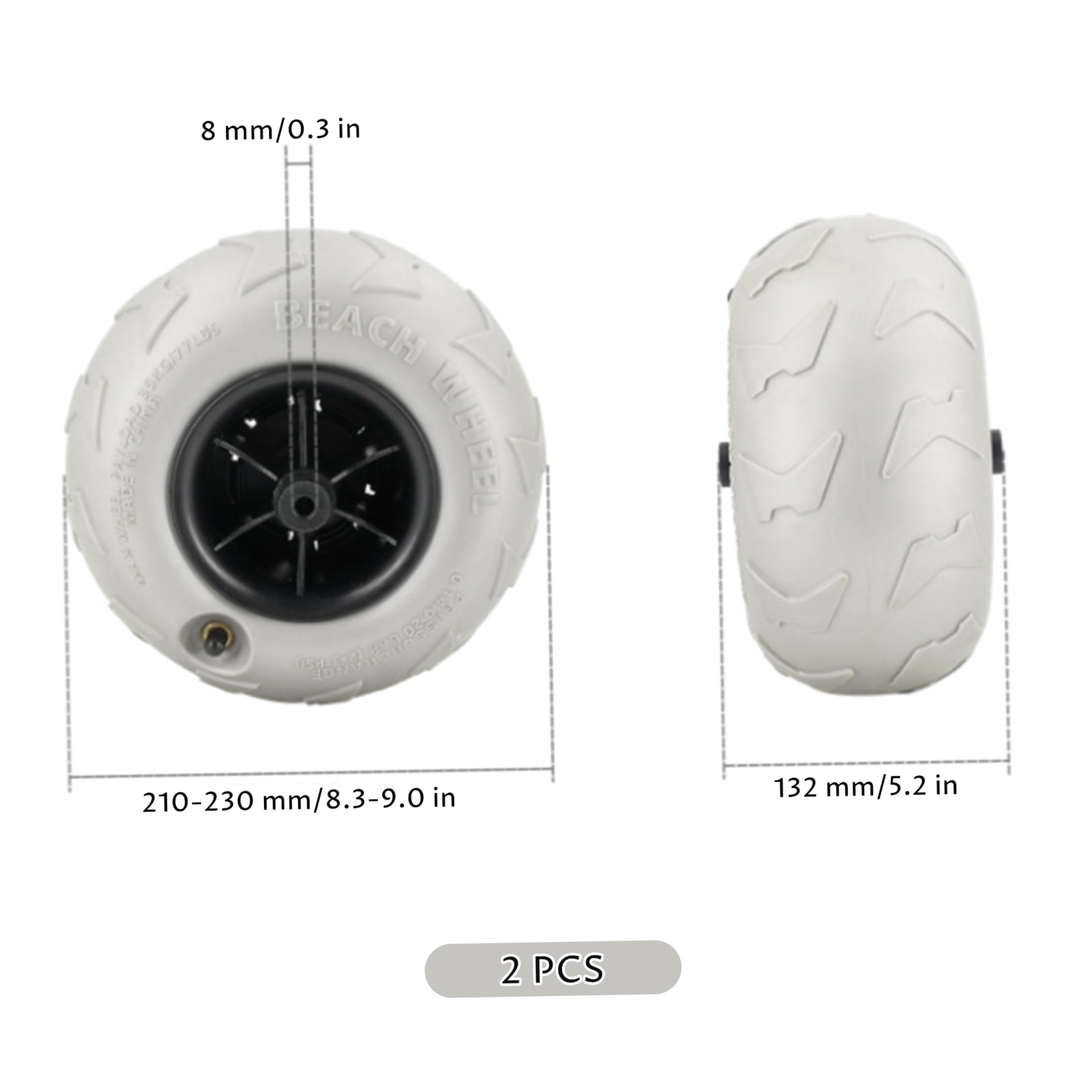ruedas de playa, Paquete de 2 Ruedas de Globo para Carro de Playa, Reemplazo Inflable de 9 Pulgadas, para Carro de Kayak, Camping y jardín, Gris Plateado, Cubo de 8, 5 mm
