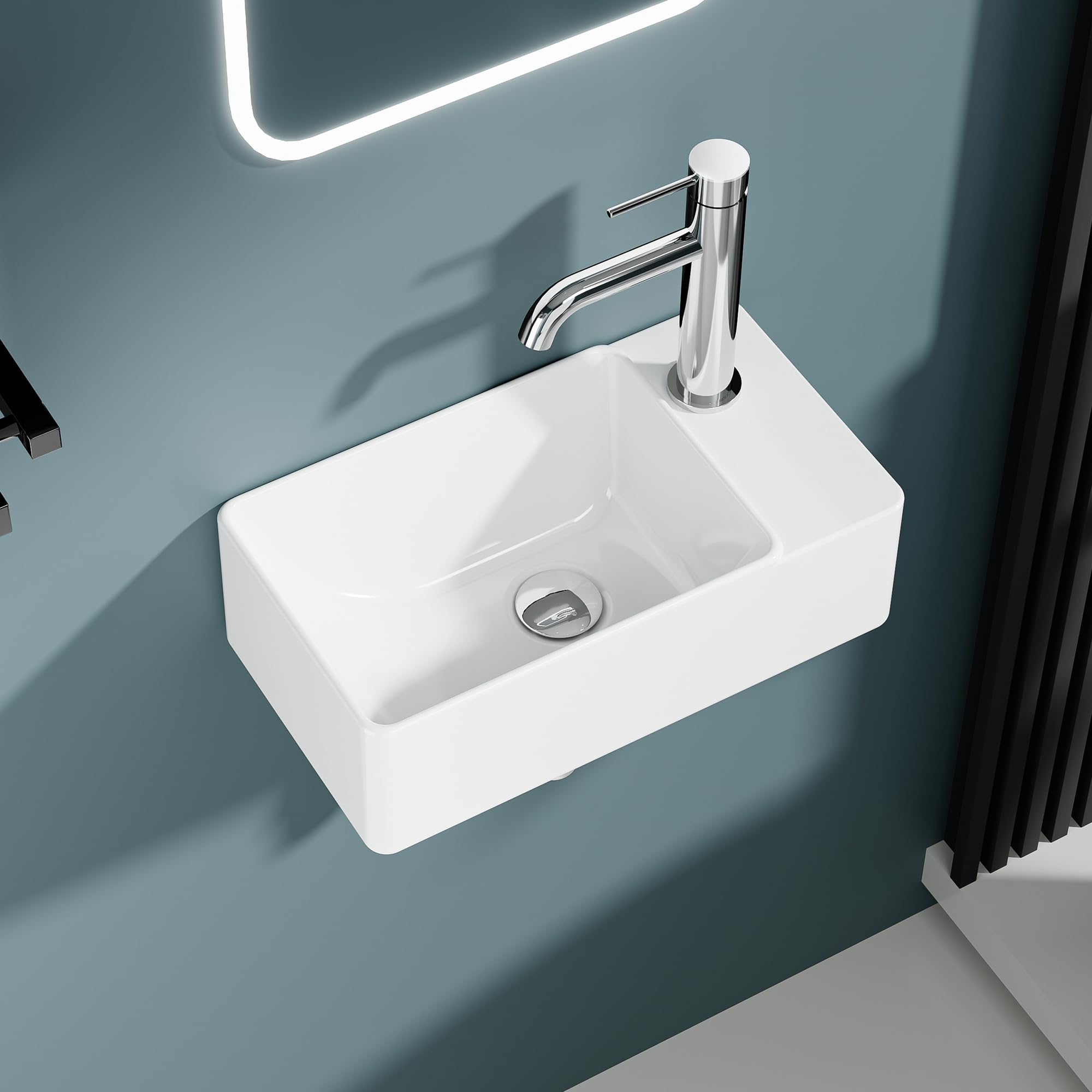 Lavapano rettangolare compatto in ceramica bianca – Lavabo da appoggio di piccole dimensioni, uscita destra – Lavabo design moderno per piccoli bagni e servizi igienici – 40 x 22 x 13 cm