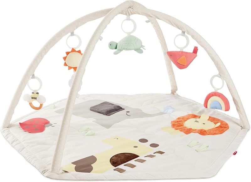 Skip Hop Baby Play Gym 3-in-1 Sensory Tummy Time Activity Mat with 17+ Skill-Building Developmental Activities, 14 Animals & Shapes, 5 Hanging Toys and Crocodile Mirror, Geometric Wonders, Age 0-2y