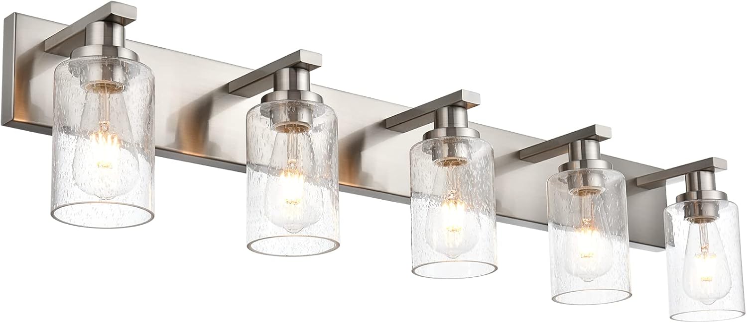 Bathroom Lights Fixtures Over Mirror, Brushed Nickel Vanity Lighting with 5 Seeded Glass Lampshades for Kitchen Living Room Brused Nickel 5-Lights, 40-Inches