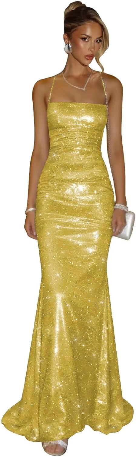 Mermaid Prom Dresses for Women 2026 Sparkly Spaghetti Strap Formal Evening Dress with Sweep Train