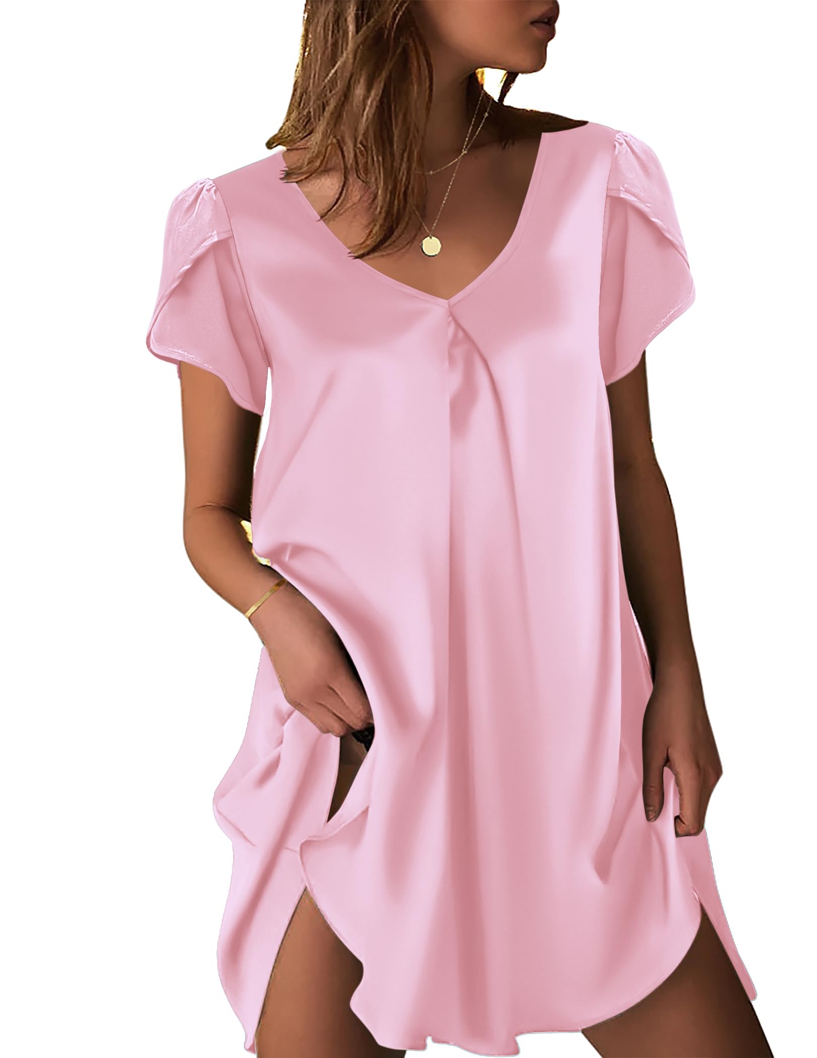 Ekouaer Womens Satin Nightgown Short Sleeve Sleepdress V-Neck Sleepwear Loose Silk Sleepshirt