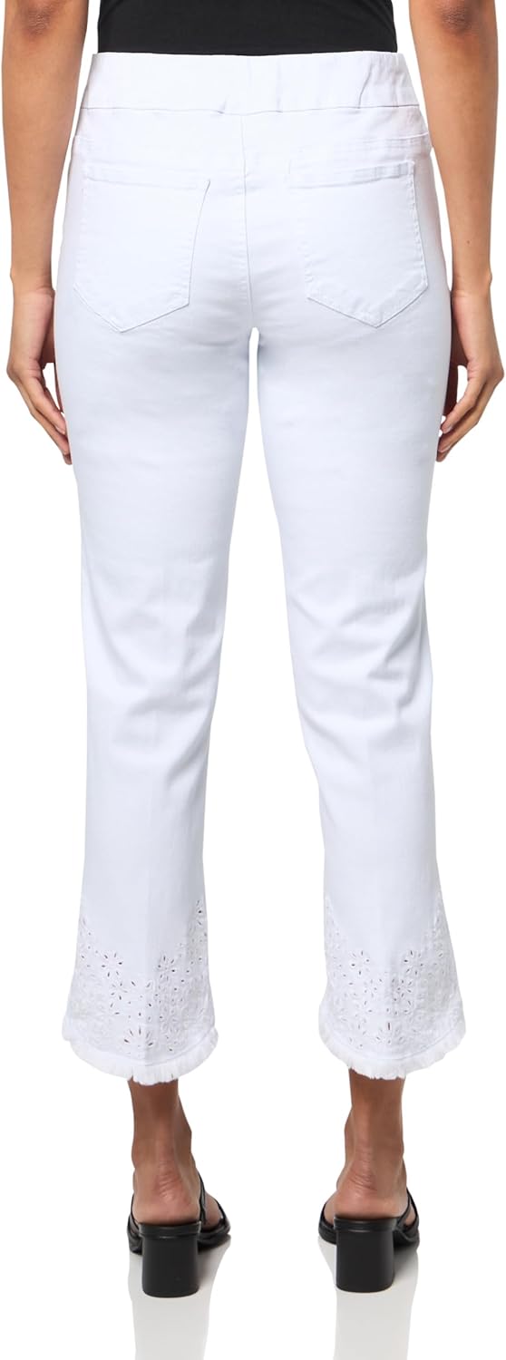 Pull On Ankle Jean with Real Front and Back Pockets and High-Low Embroidered Scallop Hem