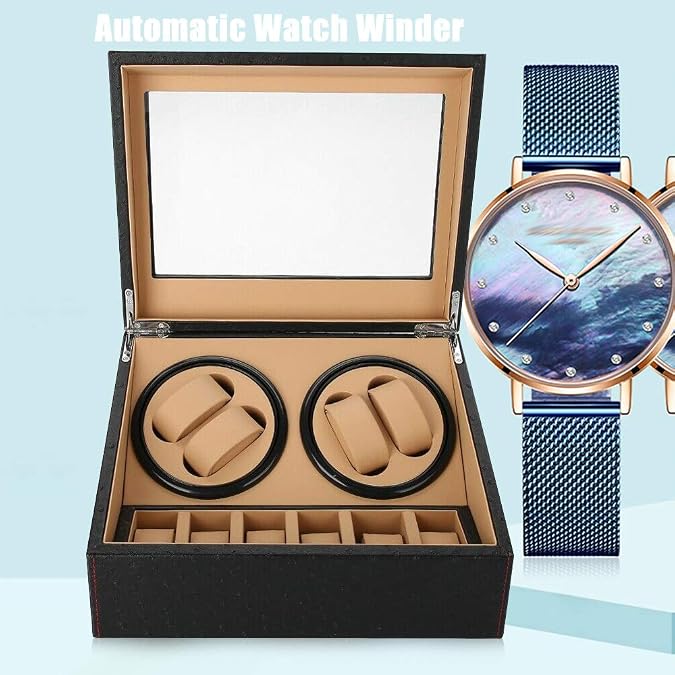 Watch Winders for Automatic Watches, Black PU Leather Automatic Watch Winder Box with 4 Winders, 6 Extra Storage (Ostrich Pattern)