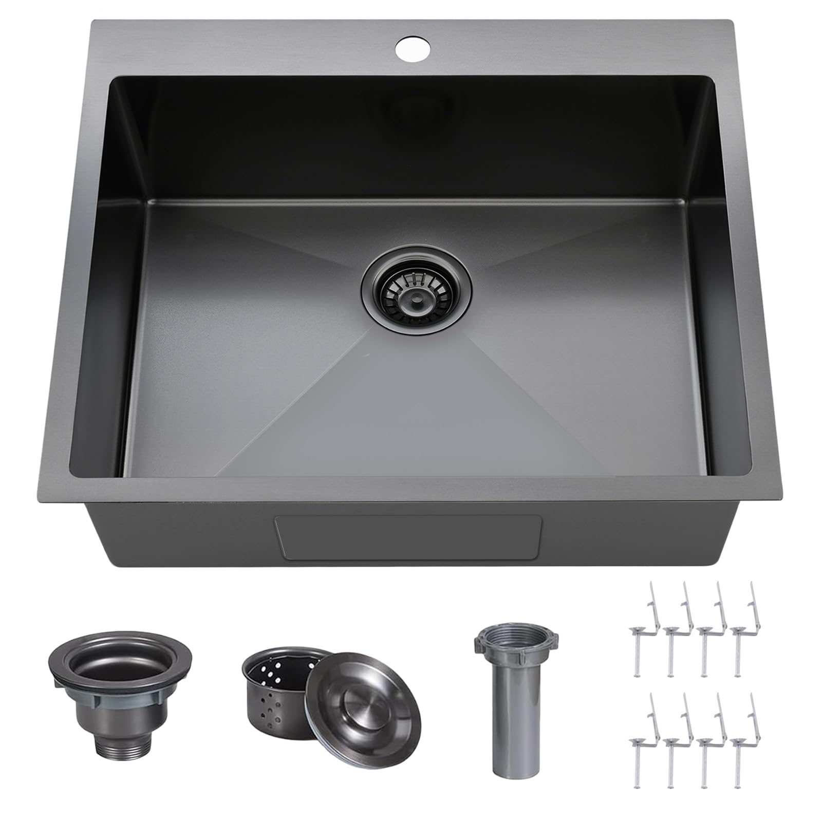 VAPSINT 25x22 Inch Black Drop In Kitchen Sink, 25 Inch Top Mount 16 Gauge Stainless Steel Handmade Single Bowl Sink for Kitchen, Gunmetal Black RV Laundry Utility Sinks with Drain Strainer