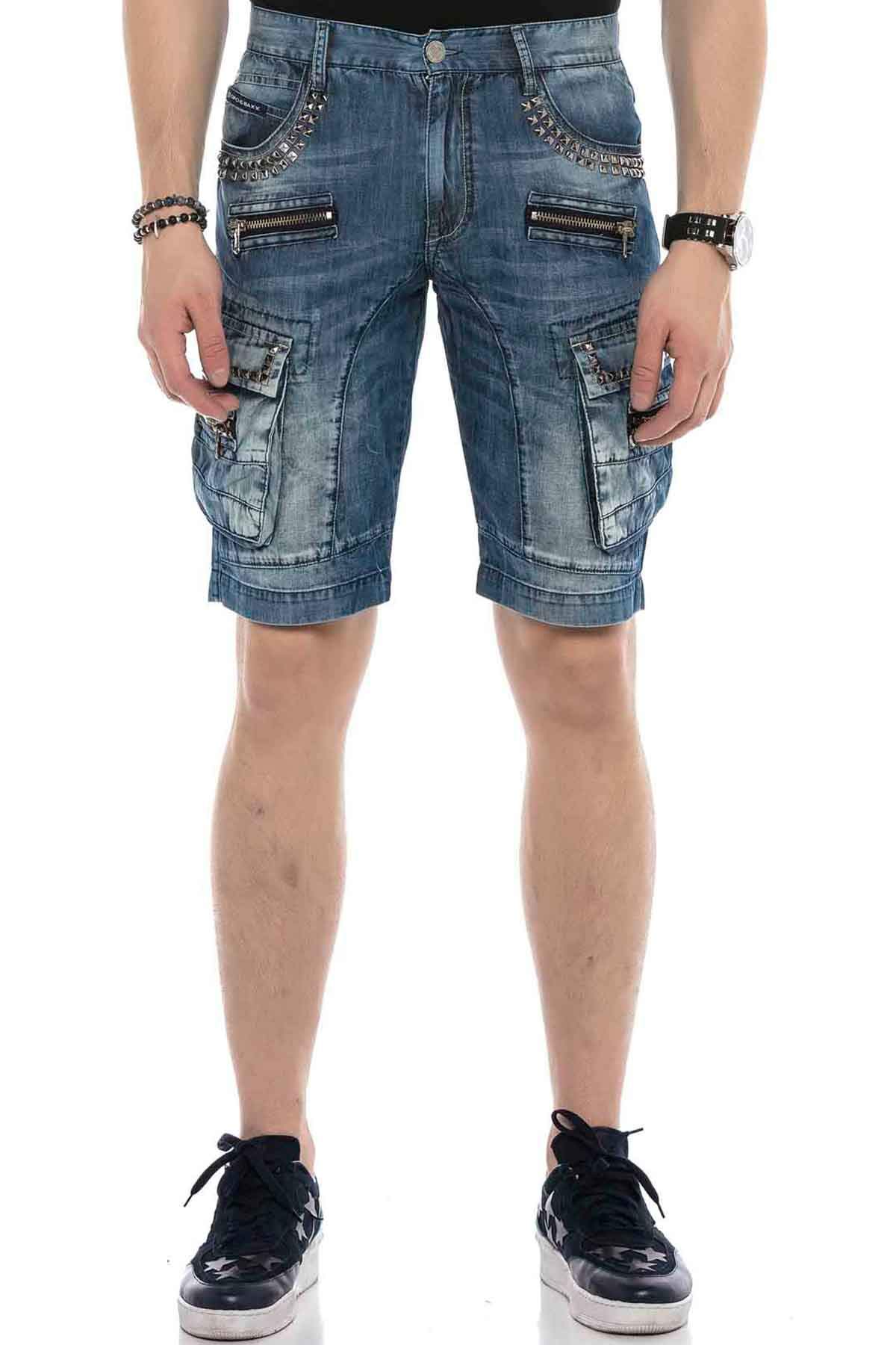 Cipo & Baxx Herren Jeans-Shorts Denim Freizeithose Kurze Hose Reißverschluss Kunstleder Bermuda CK259