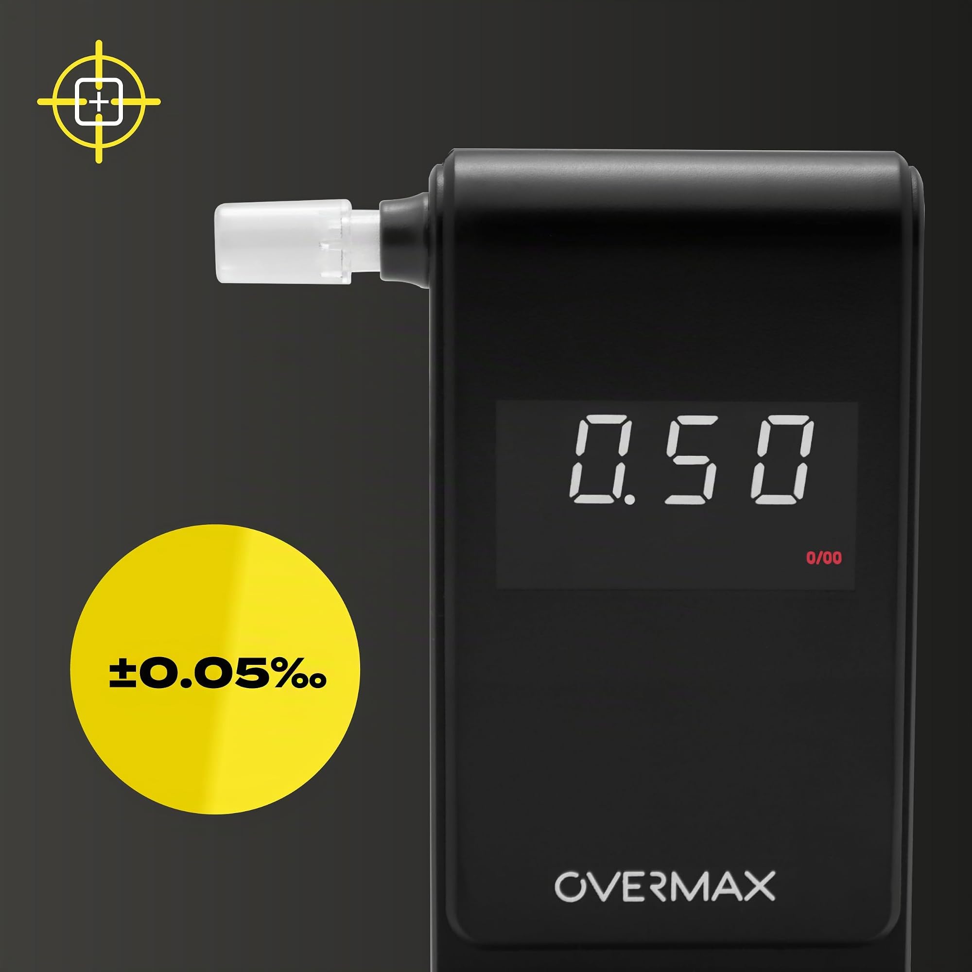 Overmax AD-10 Alcoomètre, Alcootest Personnel, Mesure de Précision +/- 0,05 ‰ / 0,005% BAC, 15 Embouts Buccaux, Temps de Réponse 5 Secondes Mémoire de Mesure, Calibrage, Piles 2 x AAA