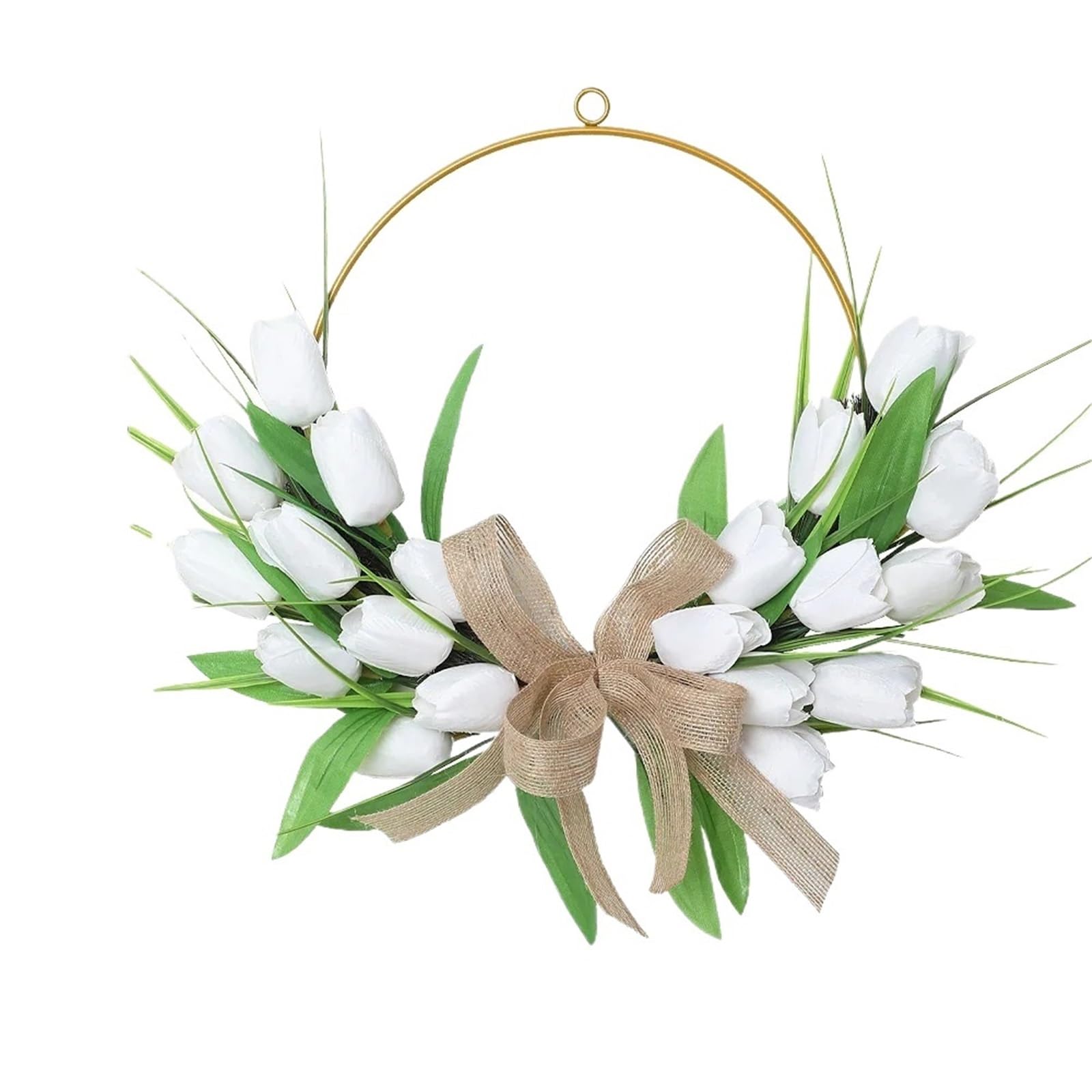 Door Wreath Artificial Tulip Wreath Room Decoration Valentine's Day Gold Hoop Floral Wreaths For Spring Easter Home Wall Front Door(White)