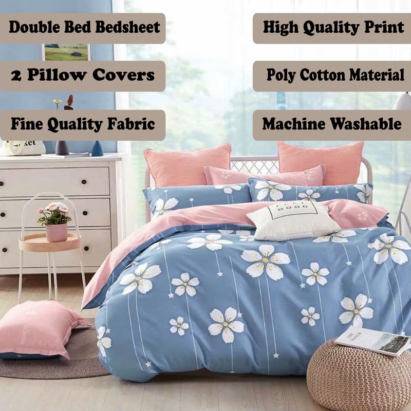 Image of Polycotton Double Bed Bedsheet, Flat Sheet with 2 Pillow Covers, Queen (90x100 inch), 300 TC, Blue & White, Set of 3