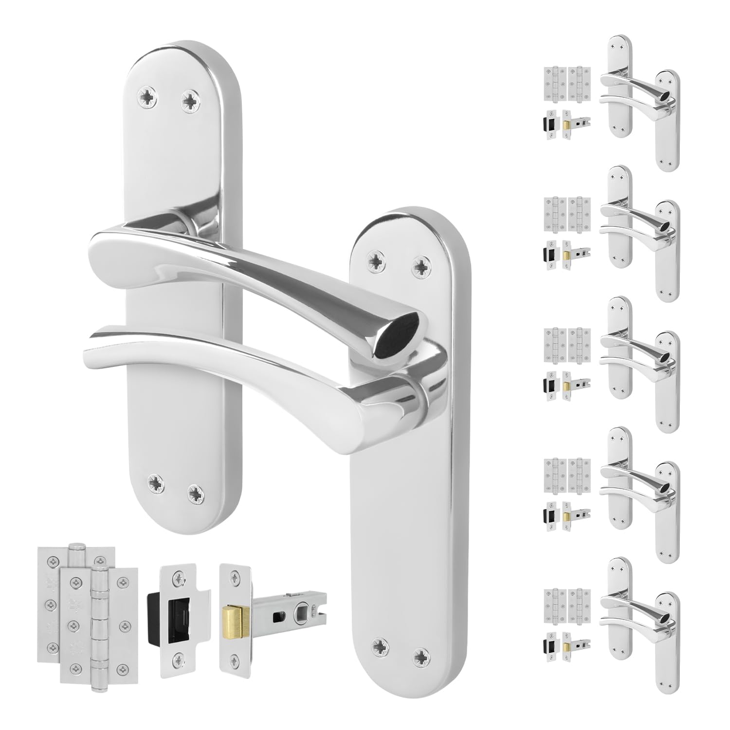 EAI Chrome Door Handle Latch Set, 6 Pair Polished Chrome Internal T-Bar Handles, Hinges 76mm Latches 64mm - Novoli