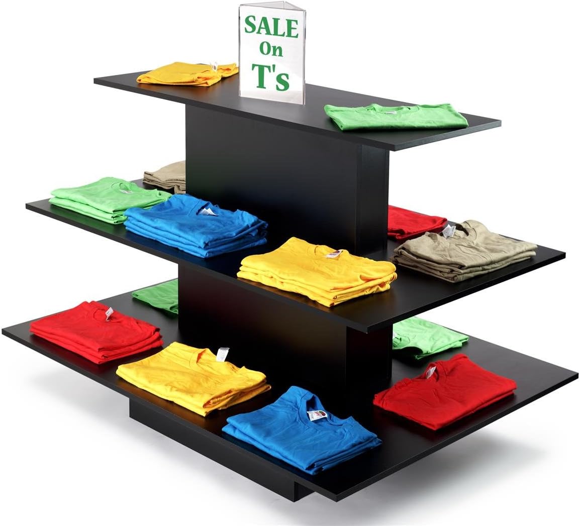 Displays2go Tiered Retail Store Table, Laminated Particle Board, 3 Shelves – Black Finish (3TR6042BK)