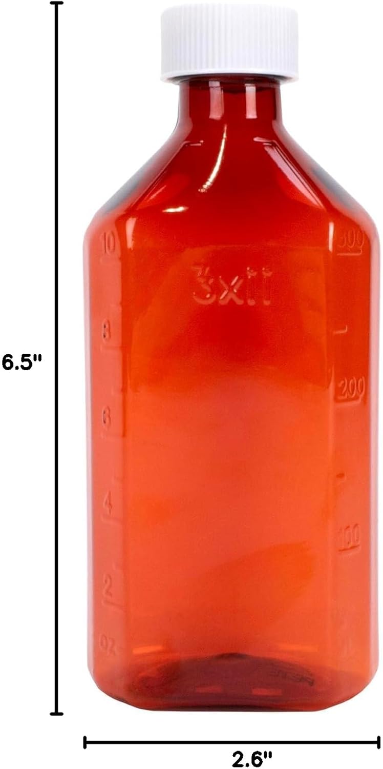 Plastic Amber Oval Liquid Medicine Bottles, 12oz, 100 Count, Child Resistant Cap/Safety Lid, Pharmacy Prescription Dispensing Bottle