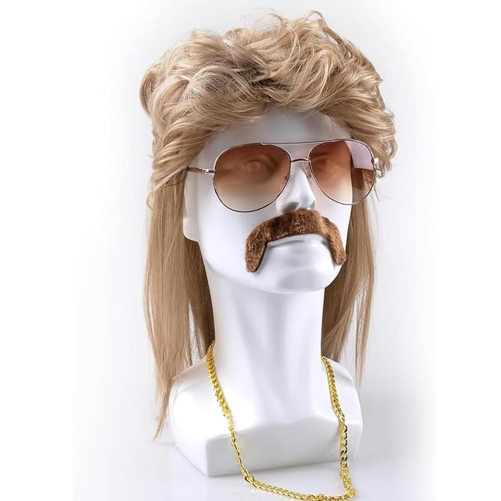 Peluca Mullet Hombre Marrón Dorado - Estilo Años 70-80, Pack Con Gafas, Cadena Y Bigote Para Halloween, Cosplay Y Fiestas Retro