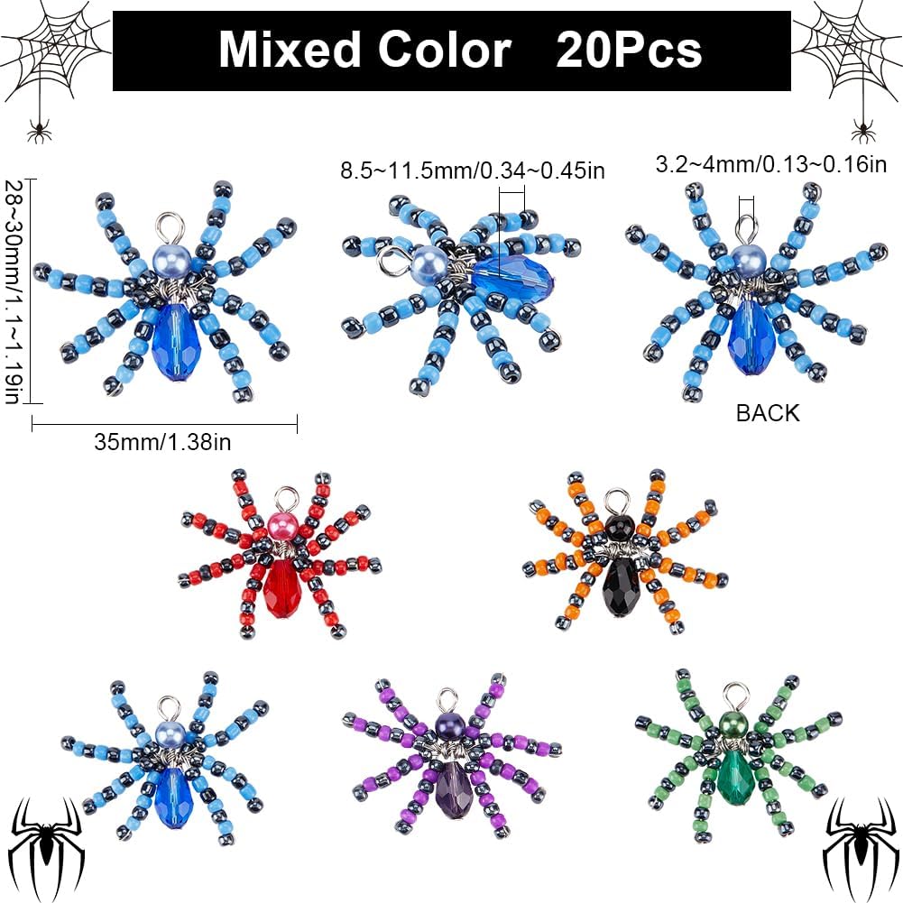 SUNNYCLUE 1 Box 20Pcs Spider Charms Colorful Halloween Glass Charm Bulk Assorted Red Green Blue Crystal Animal Spiders Gemstone Beaded Seed Beads Charm for Jewelry Making Charms Supplies DIY Crafts