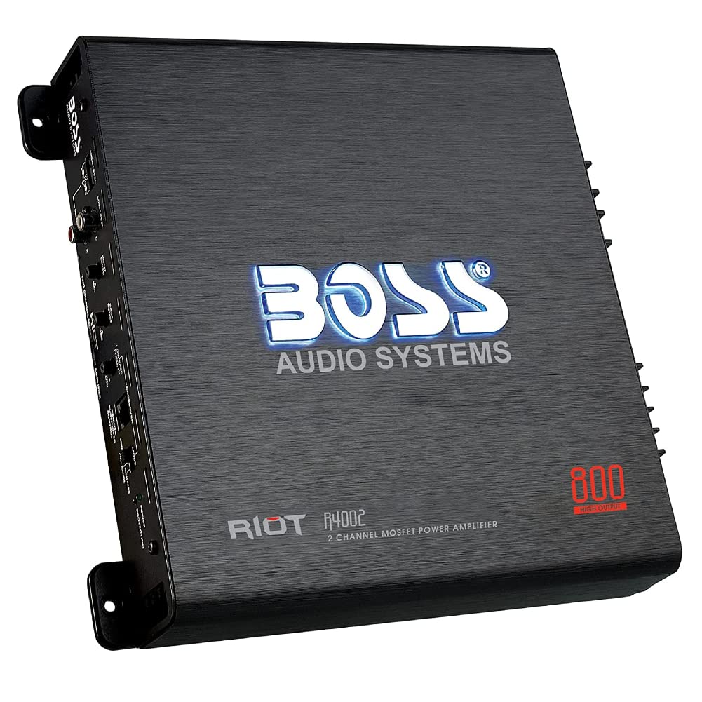 KIT SET POUR BOSS AUDIO SYSTEMS RIOT R4002 Amplificateur 2 canaux 800 watts max classe a/b avec éclairage LED Bass Boost, 1 pièce + remote incluse