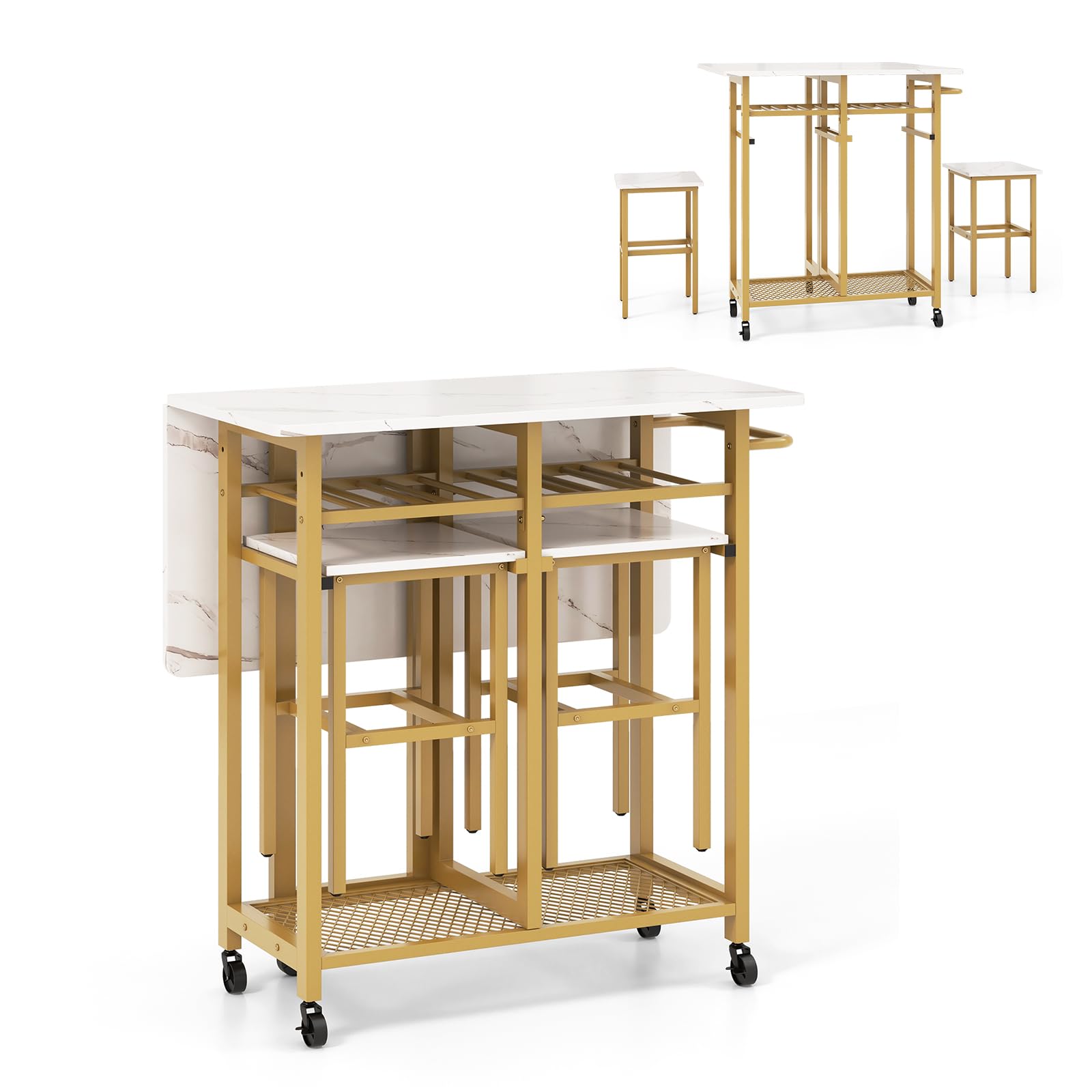 GIANTEX Carrito Móvil con Mesa Extensible de Hoja Abatible, Cuadrada Plegable de 3 Piezas con Estante para Vino, Estante Inferior y Manija de Empuje, 2 Taburetes y Ruedas Bloqueables(Blanco)