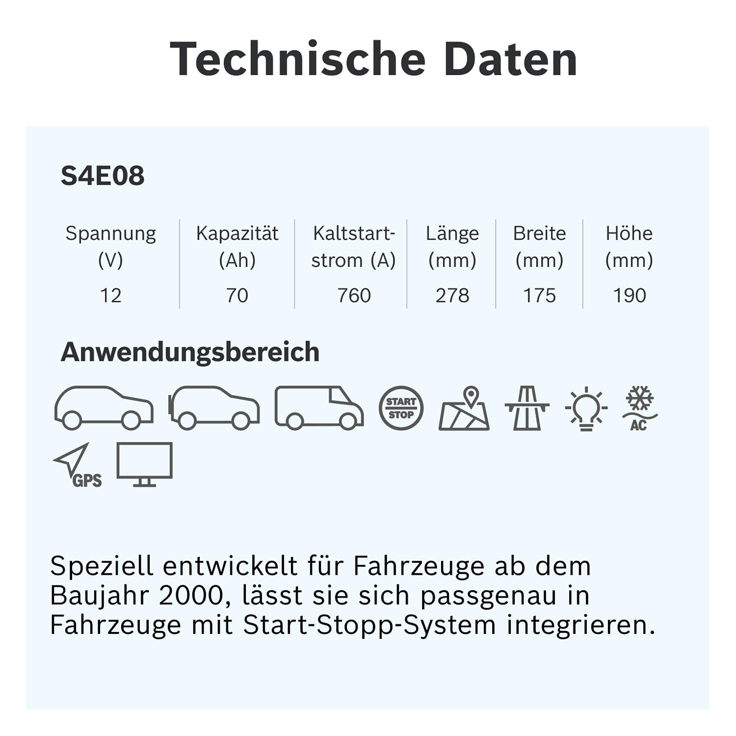 Bosch S4 E08 Autobatterie 70 Ah - 760 A - 12 V, EFB Blei-Säure-Batterie für Fahrzeuge mit Start-Stopp-Automatik - Polarität: links - rechts +, 278 x 175 x 190 mm