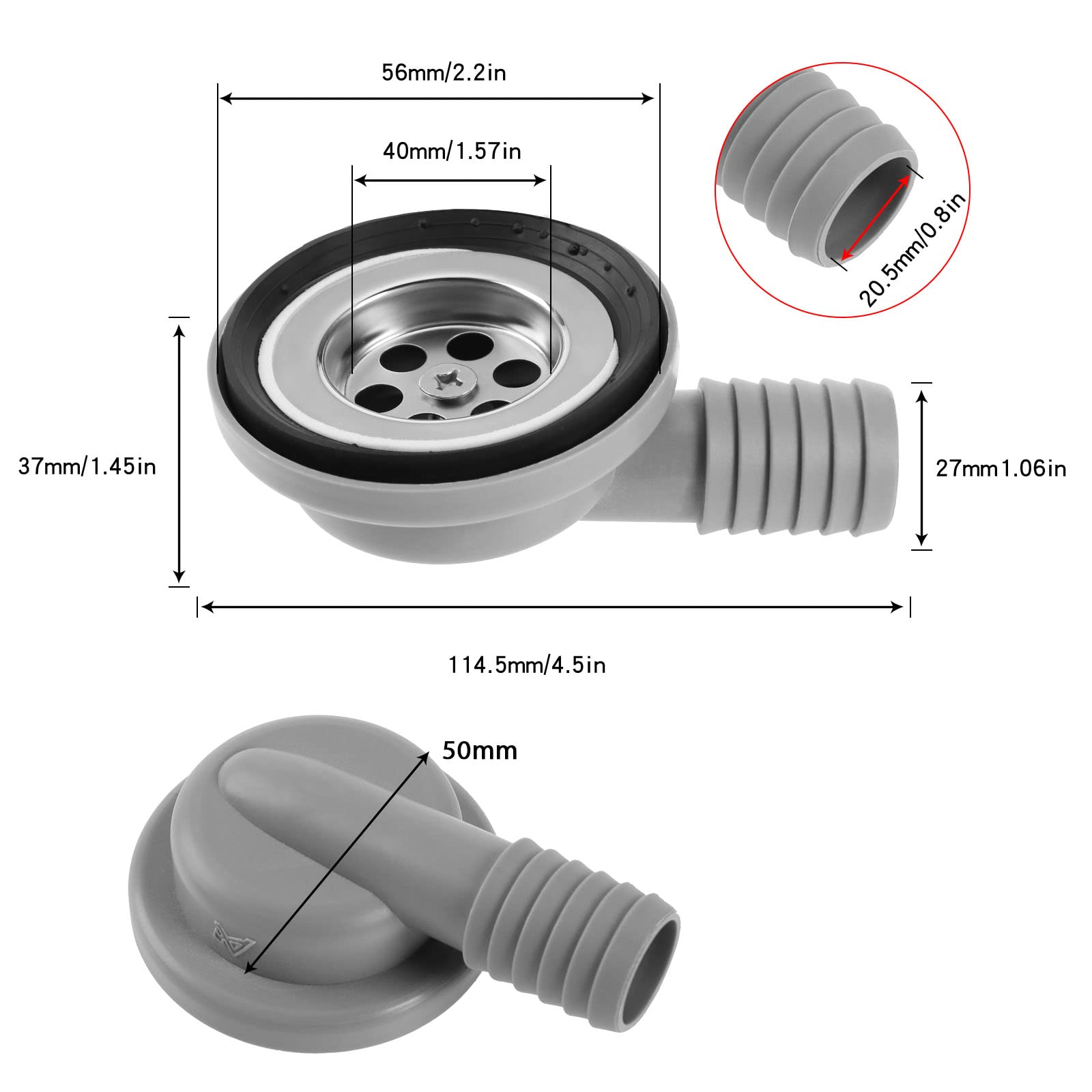ECSiNG Bonde d'écoulement en acier inoxydable 90° Égouttoir à filtre avec couvercle de fermeture Ouverture du tuyau d'écoulement utilisable de 42 à 50 mm Pour caravane camping-car