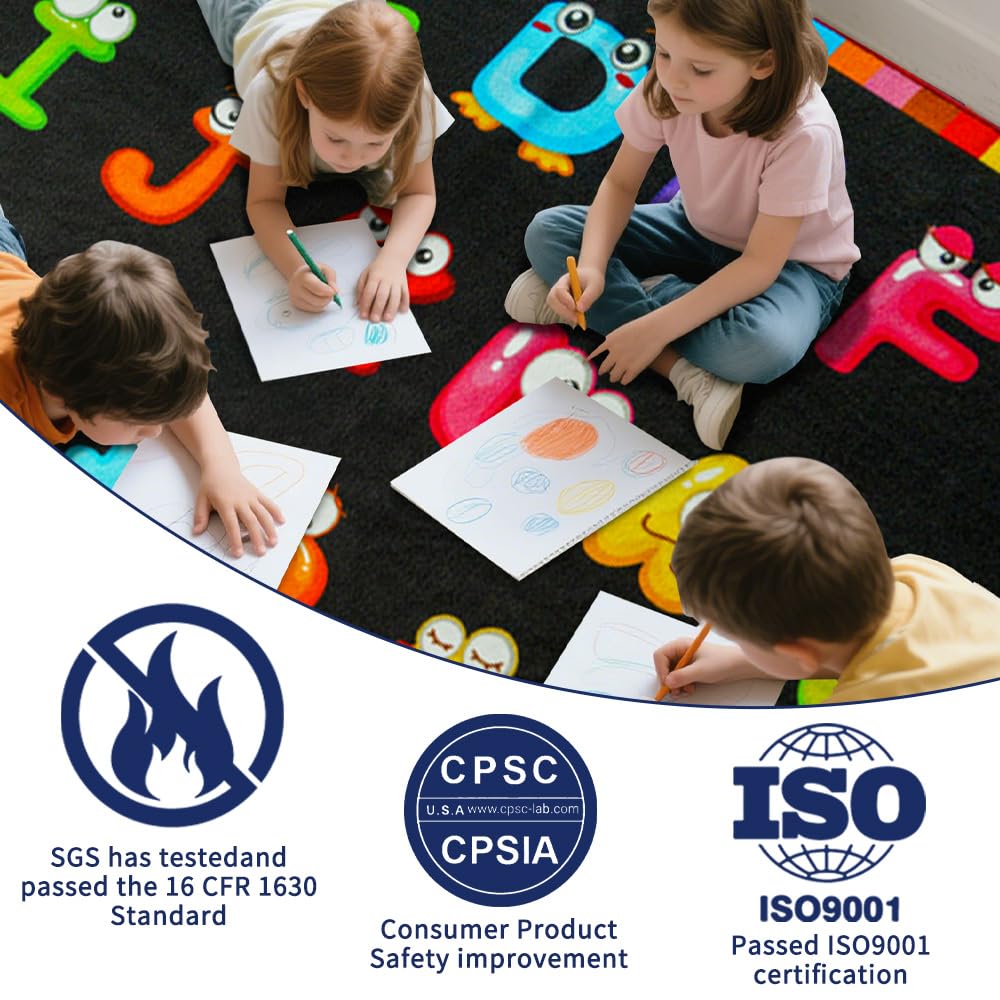 ABC Kinderteppich, ABC-Teppich für Kinderzimmer, 2,7 x 2,1 m, für Kindergarten, Kindertagesstätte, für Klassenzimmer, waschbar, Kinderteppich für Schule, Alphabet, pädagogischer Teppich für