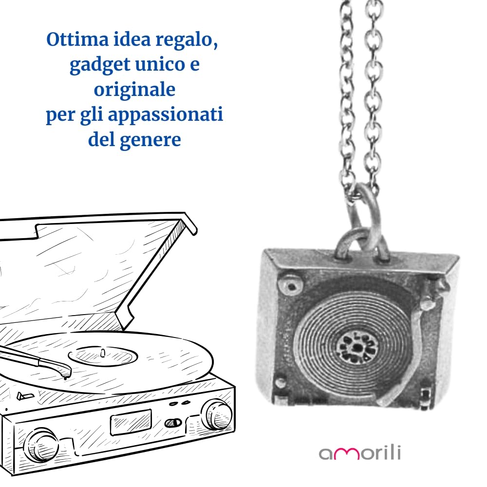 Collana Uomo Donna con Giradischi Vintage – Ciondolo in Argento 925 Invecchiato – Idea Regalo Amanti Musica Vinile Rock Retro - cln0188