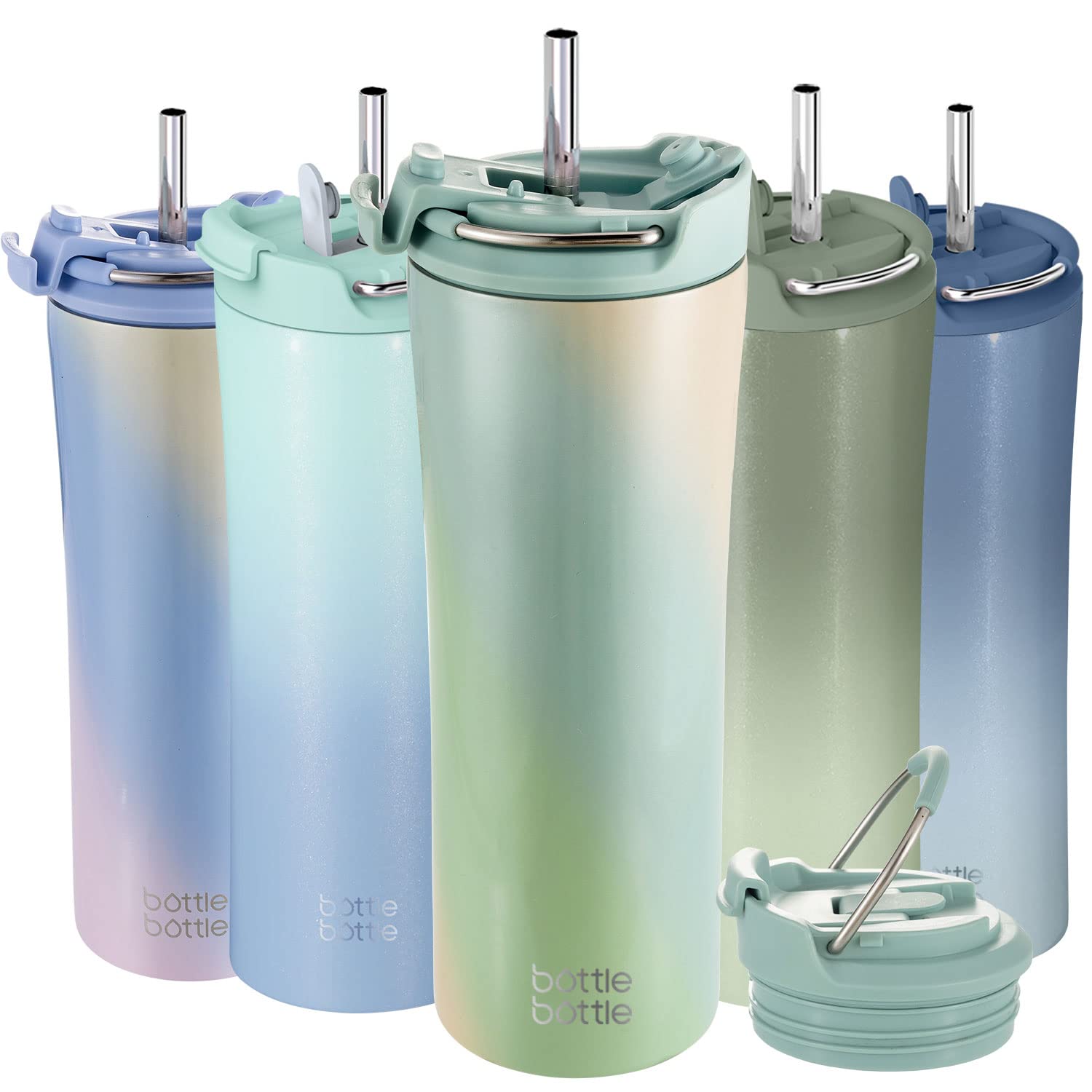 BOTTLE BOTTLE Insulated Coffee Tumblers with Dual-use Lid and Straw Double Walled Iced Travel Coffee Mug for Woman and Man 18 oz Stainless Steel Tumbler with Handle(Green Yellow)