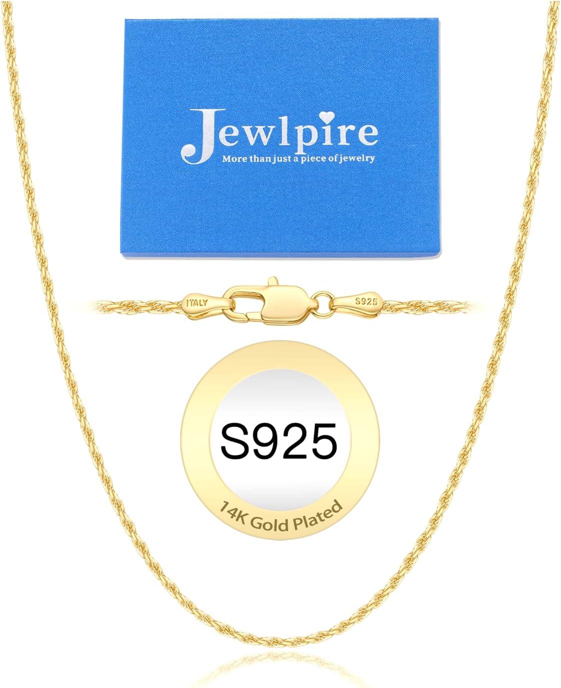 Jewlpire 1.5mm Rope Chain 925 Sterling Silver Chain Necklace for Women, 14K Gold Plated Chain for Women Sturdy Women's Chain Necklaces, 16 18 20 22 24 26 Inch