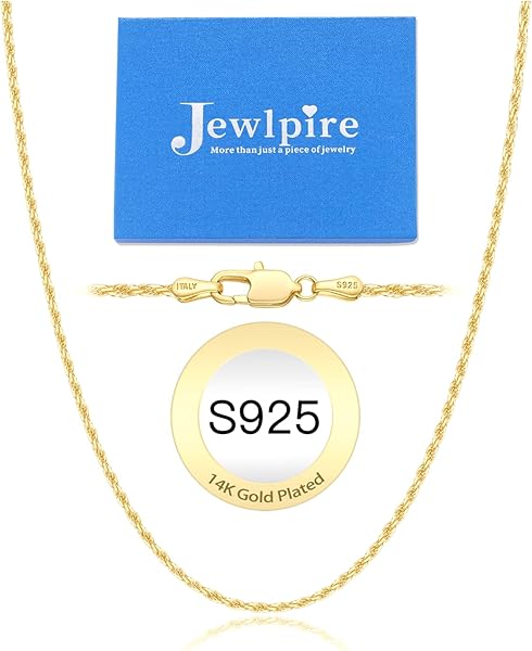 Jewlpire 1.5mm Rope Chain 925 Sterling Silver Chain Necklace for Women, 14K Gold Plated Chain for Women Sturdy Women's Chain Necklaces, 16 18 20 22 24 26 Inch