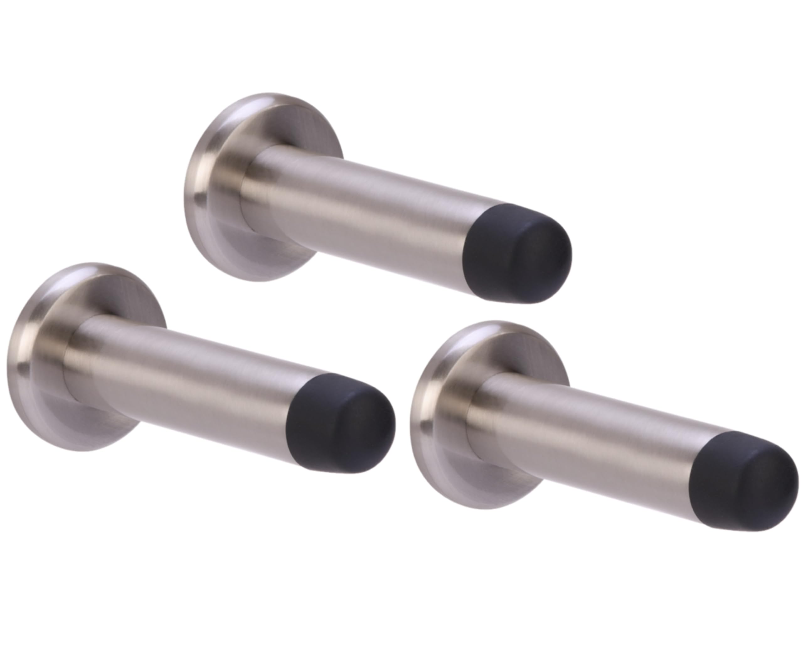 Hunta Satin Nickel Handlezone® 3 Pack 75Mm / 3 Inch Projecting Skirting Or Wall Mounted Door Stop, Concealed Fixing, Rubber Buffer Stopper