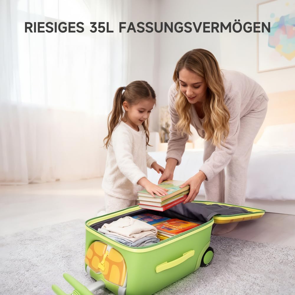 Jovikids Walizka dziecięca 3 w 1, 32 l, z kółkami, składana i zdejmowana, z drążkiem teleskopowym, wieloma przegródkami, na podróż, urlop i na co dzień, zielony, Zabytkowe