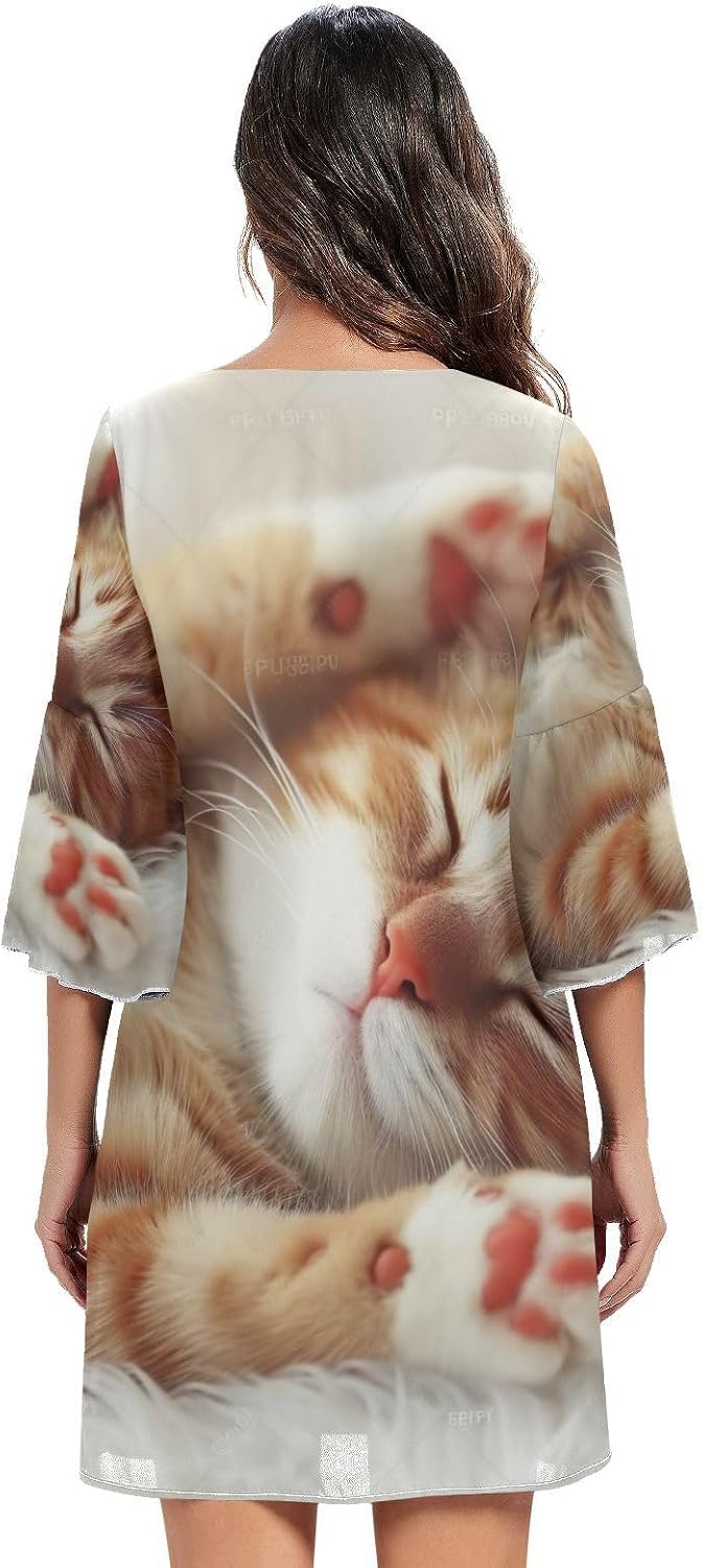 Cute Cat Kitten Print Casual Chiffon Dress Printed Line Maternity Dress S-XXL