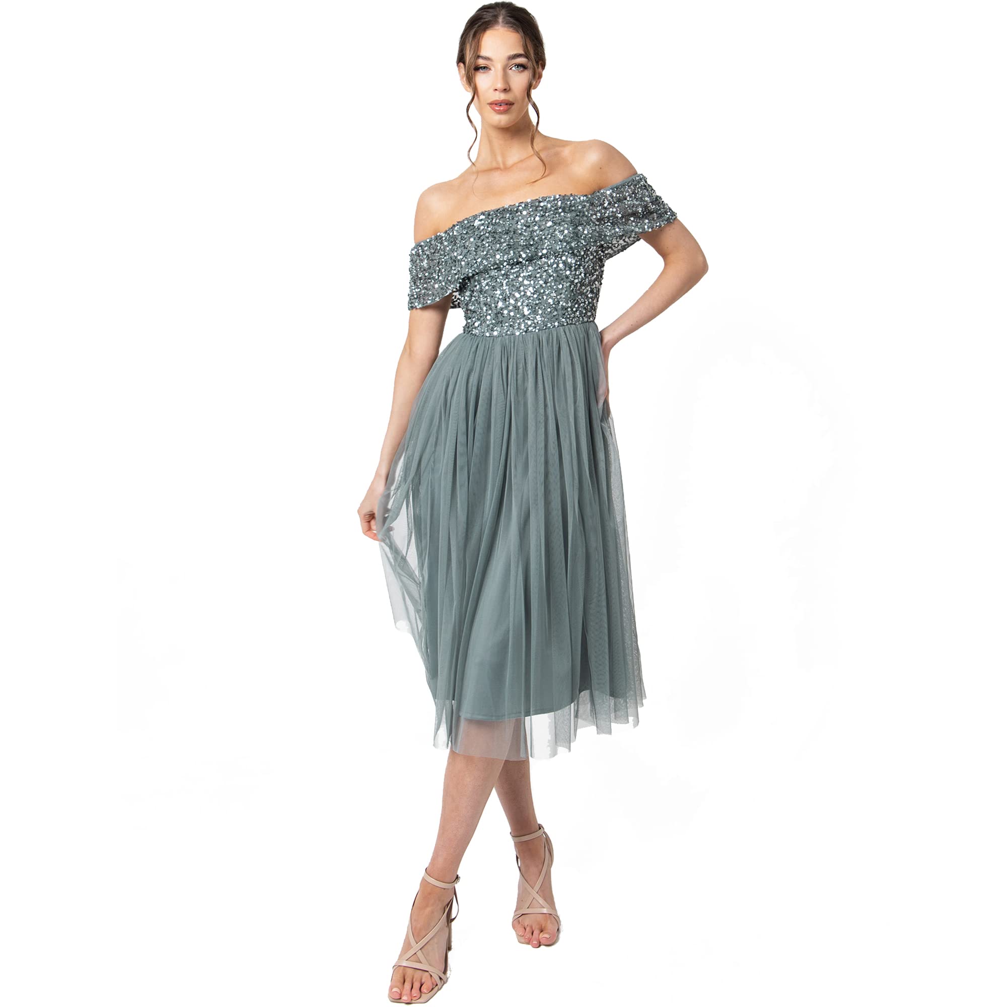 Maya Deluxe Bardot Embellished Midi Dress, Vestido de Dama de Honor Mujer, Misty Green, 28