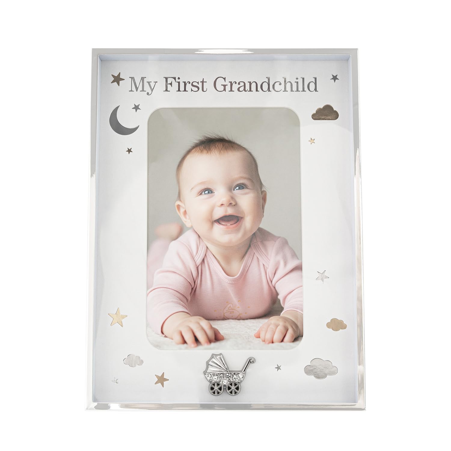 Happy Homewares Silver My First Grandchild Plated 4X6 Picture Frame With Gold And Foil Stars And Clouds | Pram With Clear Diamantes | Wall Or Table