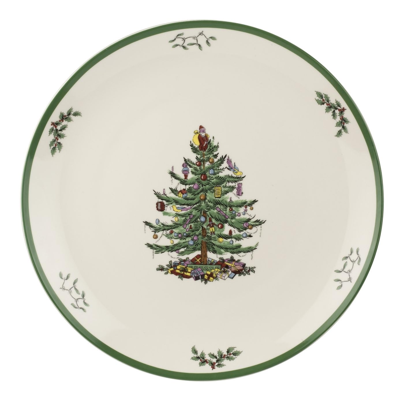 Spode Christmas Tree Round Platter - 14-Inch Holiday Serving Plate for Charcuterie, Snacks, Desserts - Classic Christmas Dinnerware with Green Accents - Dishwasher & Microwave Safe