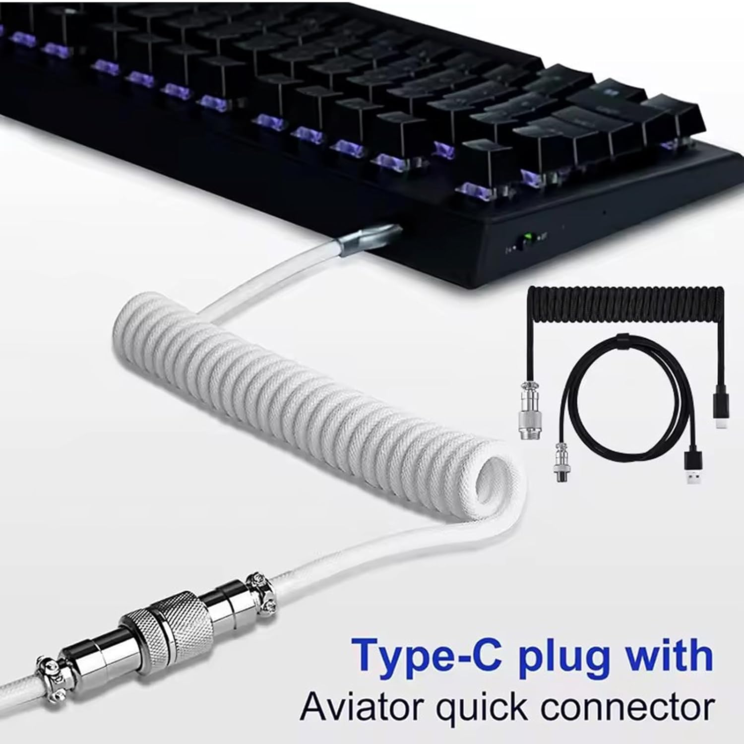 Mechanical Keyboard Aviation Plug Data Cable, Supporting 8KHz Magnetic Axis Keyboard Return Rate, USB-A to Type C Spiral Wear-Resistant Braided Cable, 1.8 Meters (White)