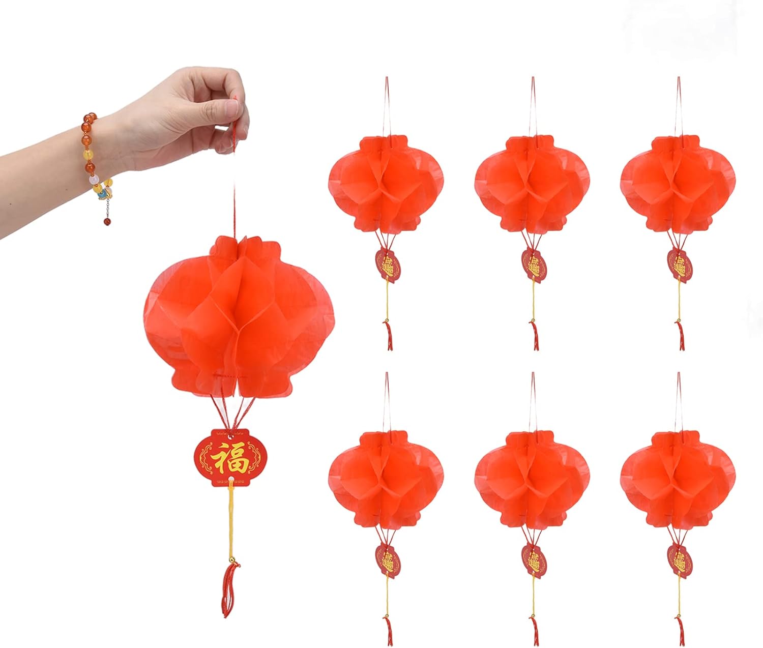 Generic 20Pcs Red Paper Lanterns, Beehive Shape Foldable Hanging Ornaments with Pendant Tassels, for New Year Festival Wedding Christmas Party Decoration