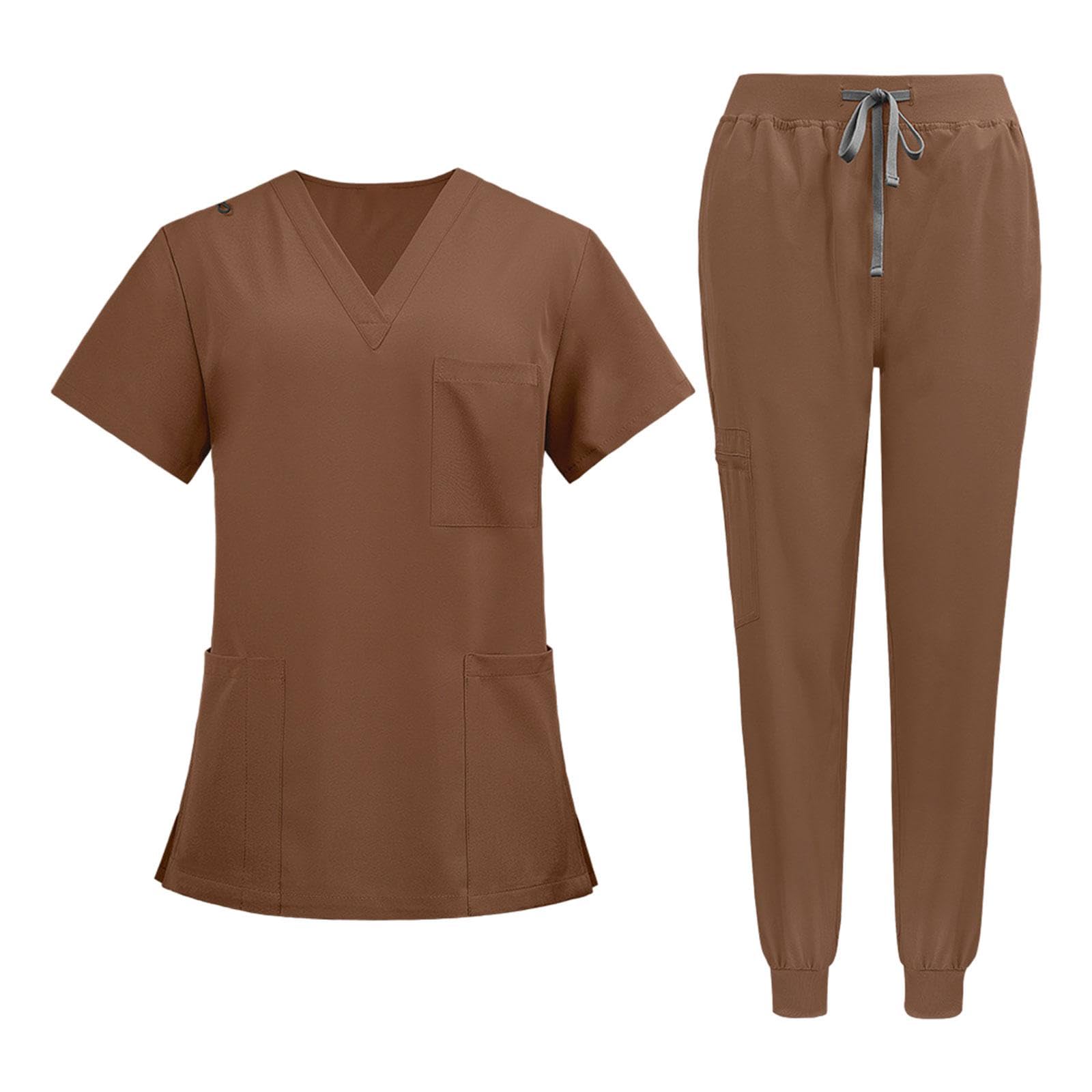 Pflegeuniform Damen Berufsbekleidung Arbeitsanzug Oberteil Hose Polyester Leicht mit Kurzarm Und Hosentaschen für Personal Tierpfleger W, braun, xl